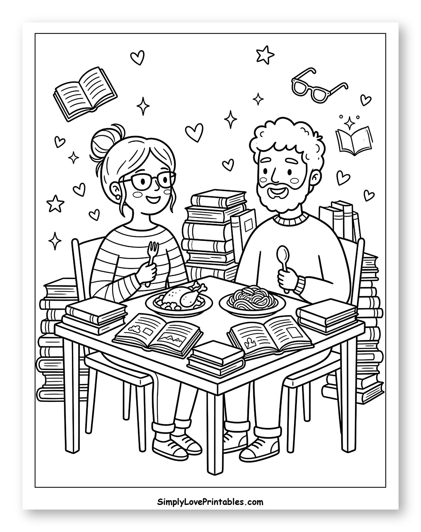 Book-Loving Couple Eating Dinner Together Coloring Page for Adults