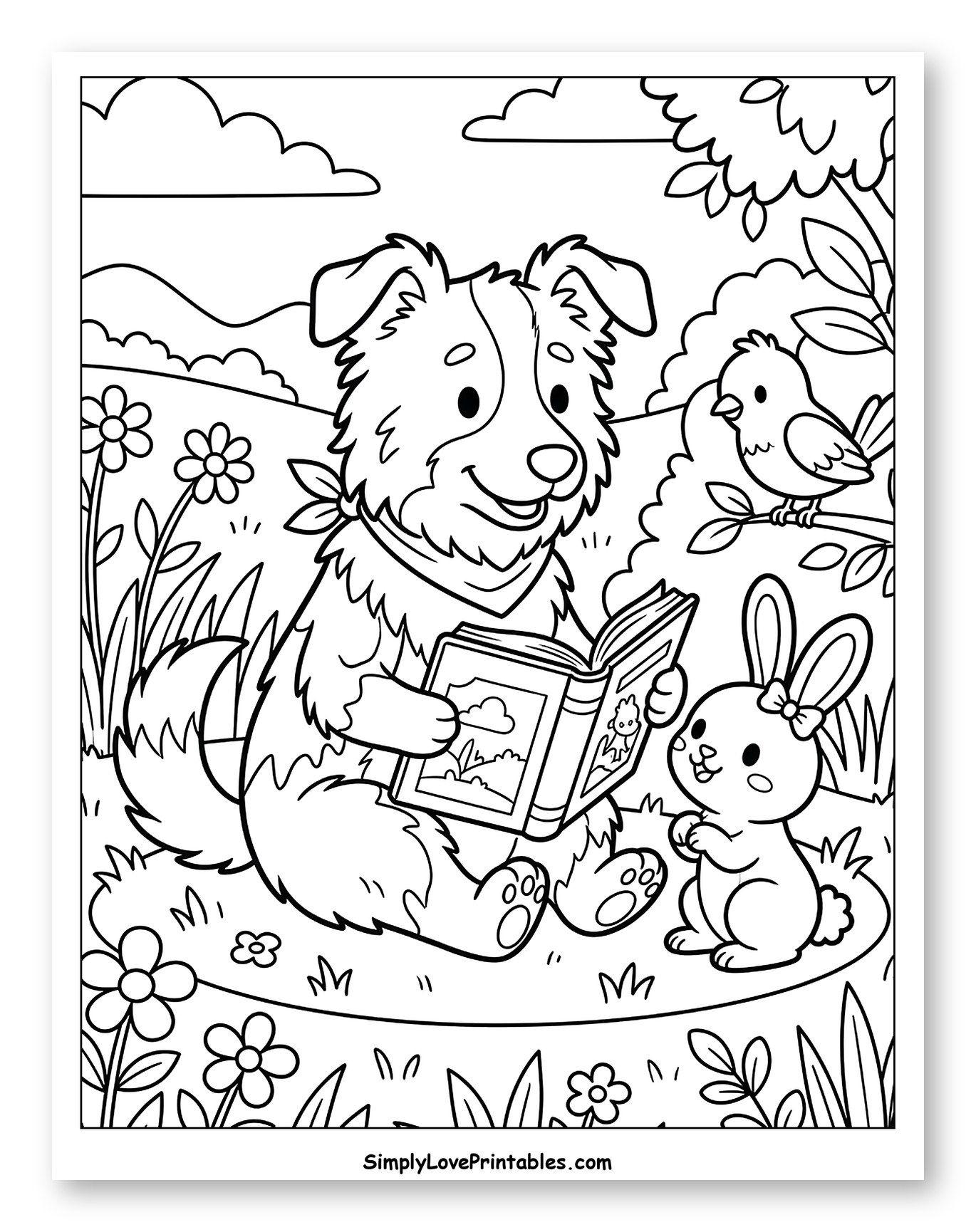 Border Collie Reading to Bunny in a Meadow