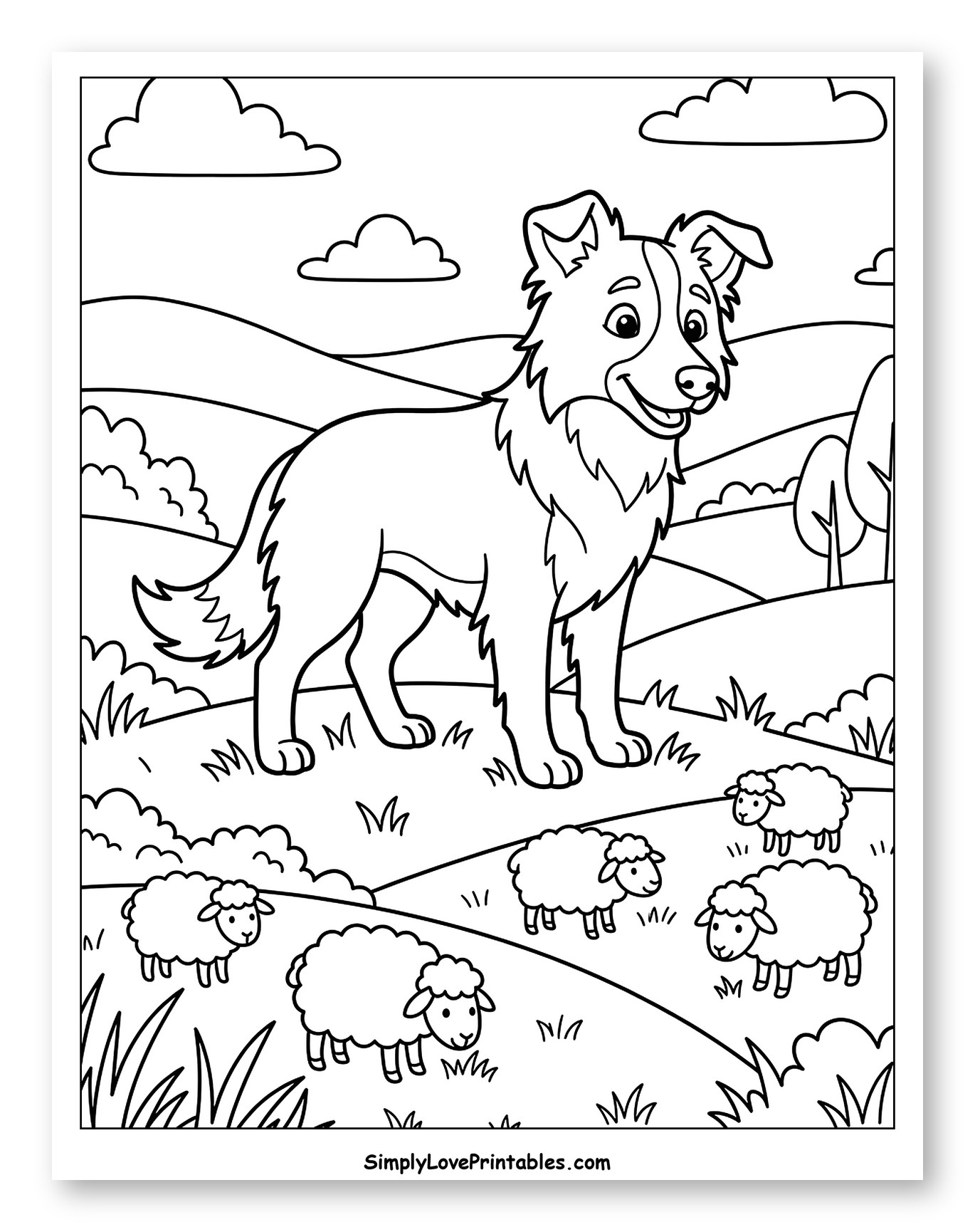 Border Collie with Sheep in a Field Coloring Page for Kids