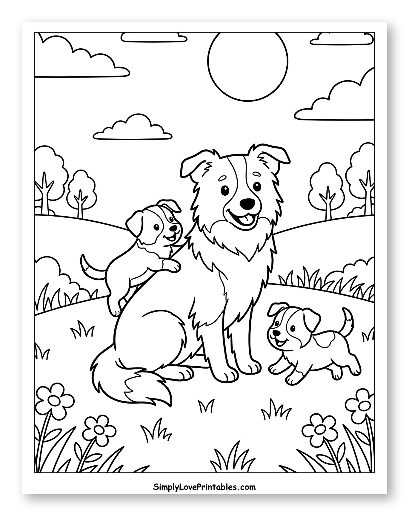 Border Collie with Two Puppies in a Field Coloring Sheet for Kids
