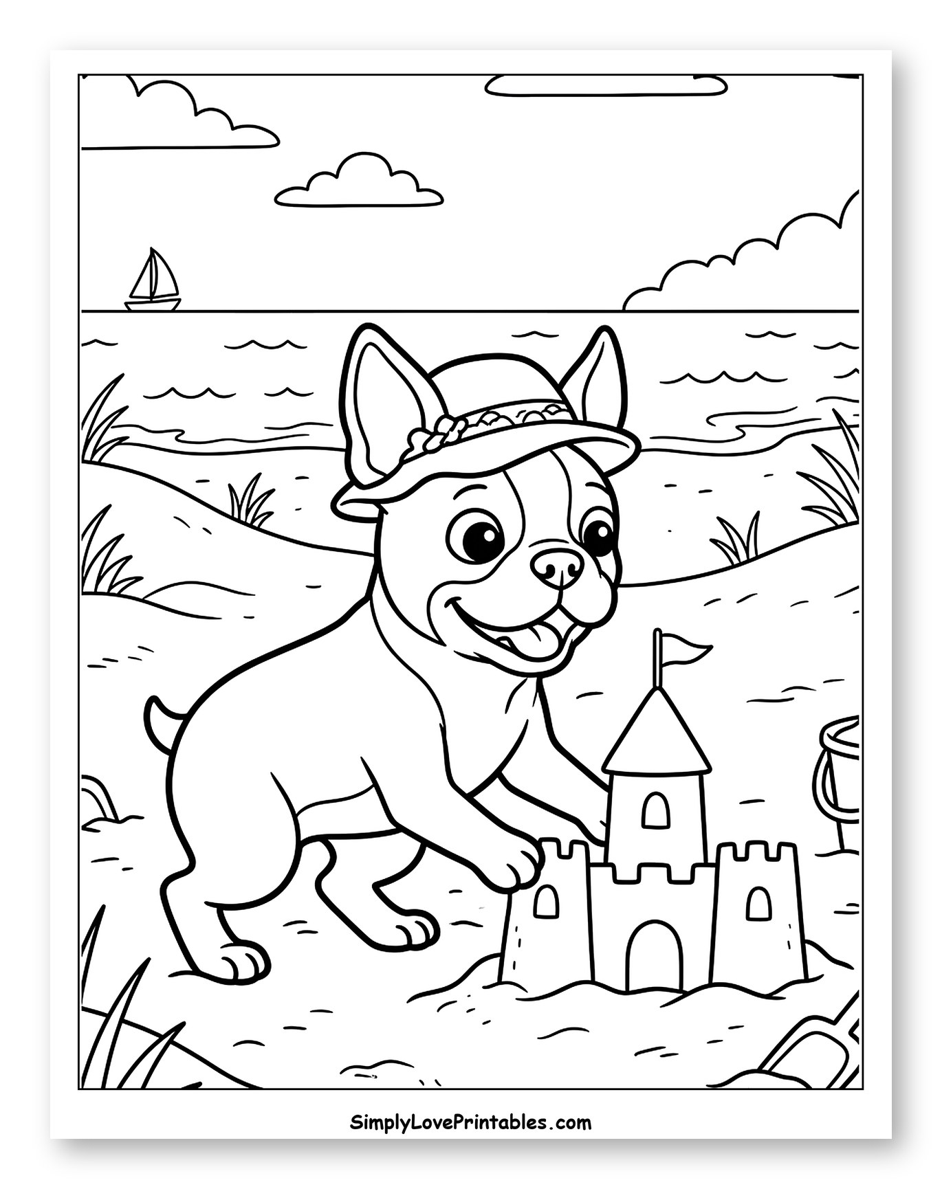 Boston Terrier Building Sandcastle at Beach