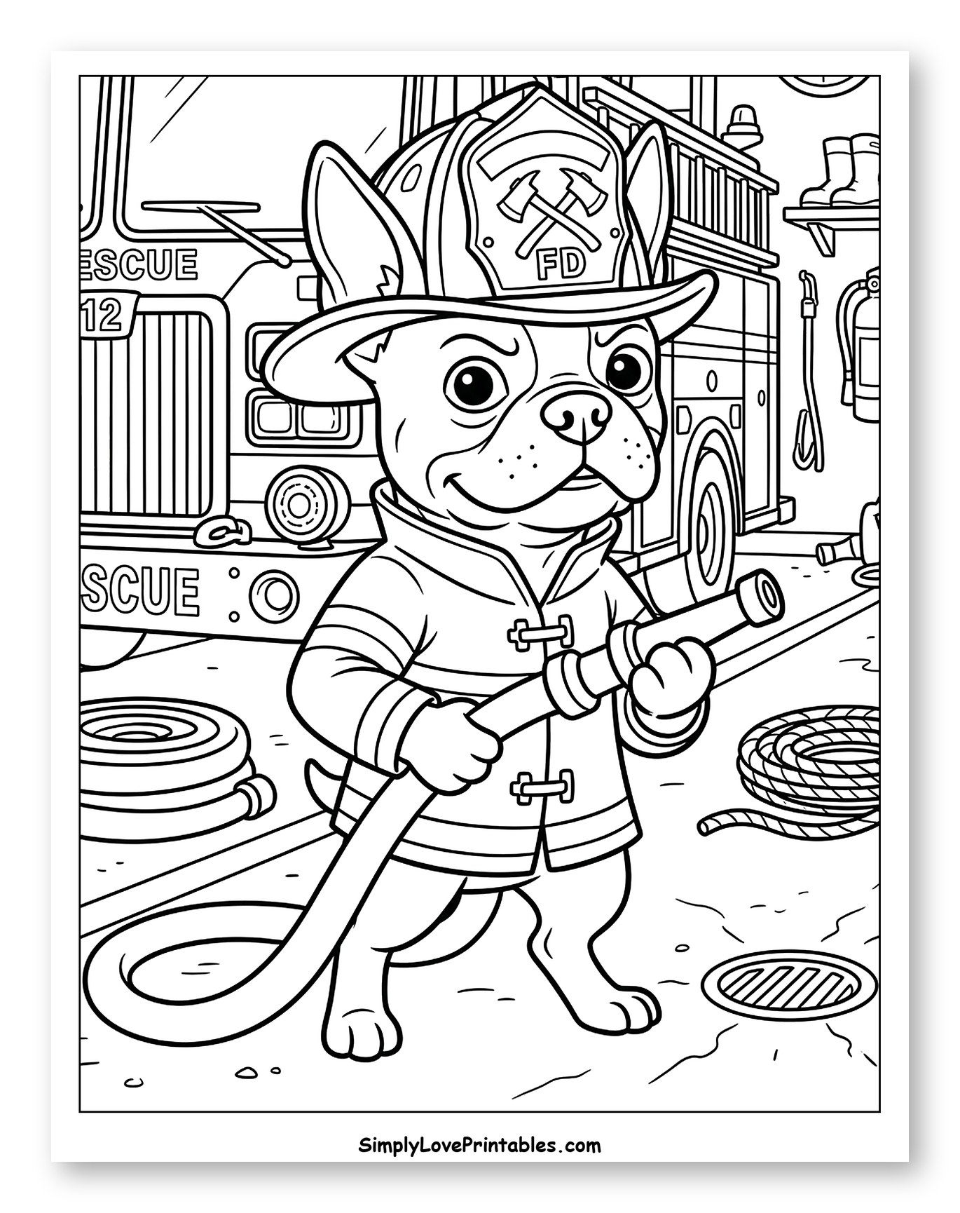 Boston Terrier Firefighter Dog Holding Hose