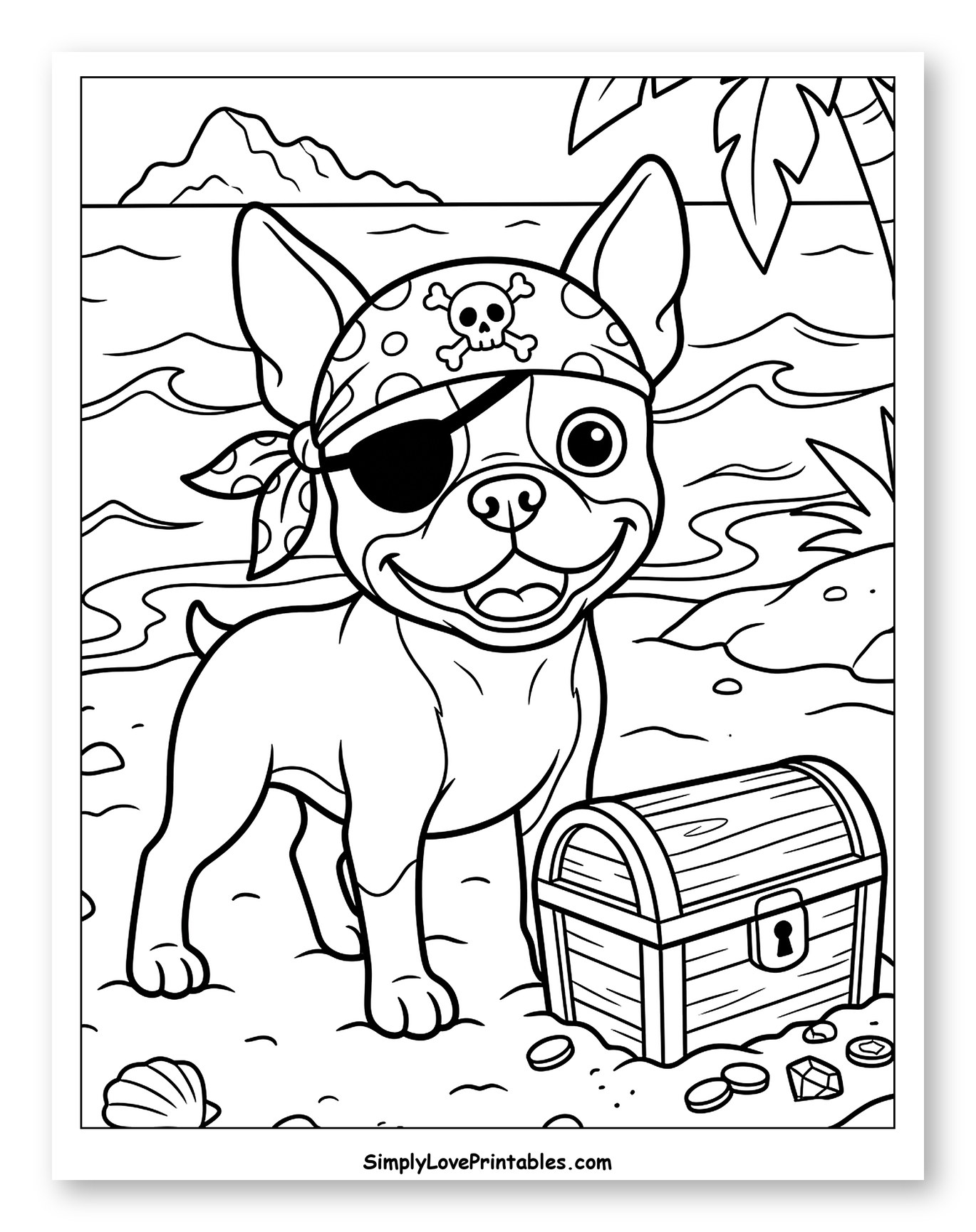 Boston Terrier Pirate with Treasure Chest Coloring Sheet for Kids