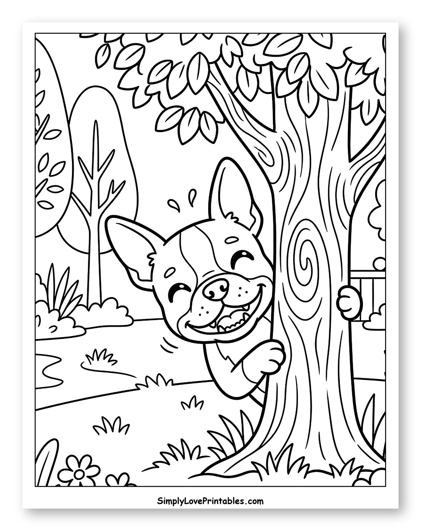 Boston Terrier Playing Hide and Seek Outdoors to Color for Kids