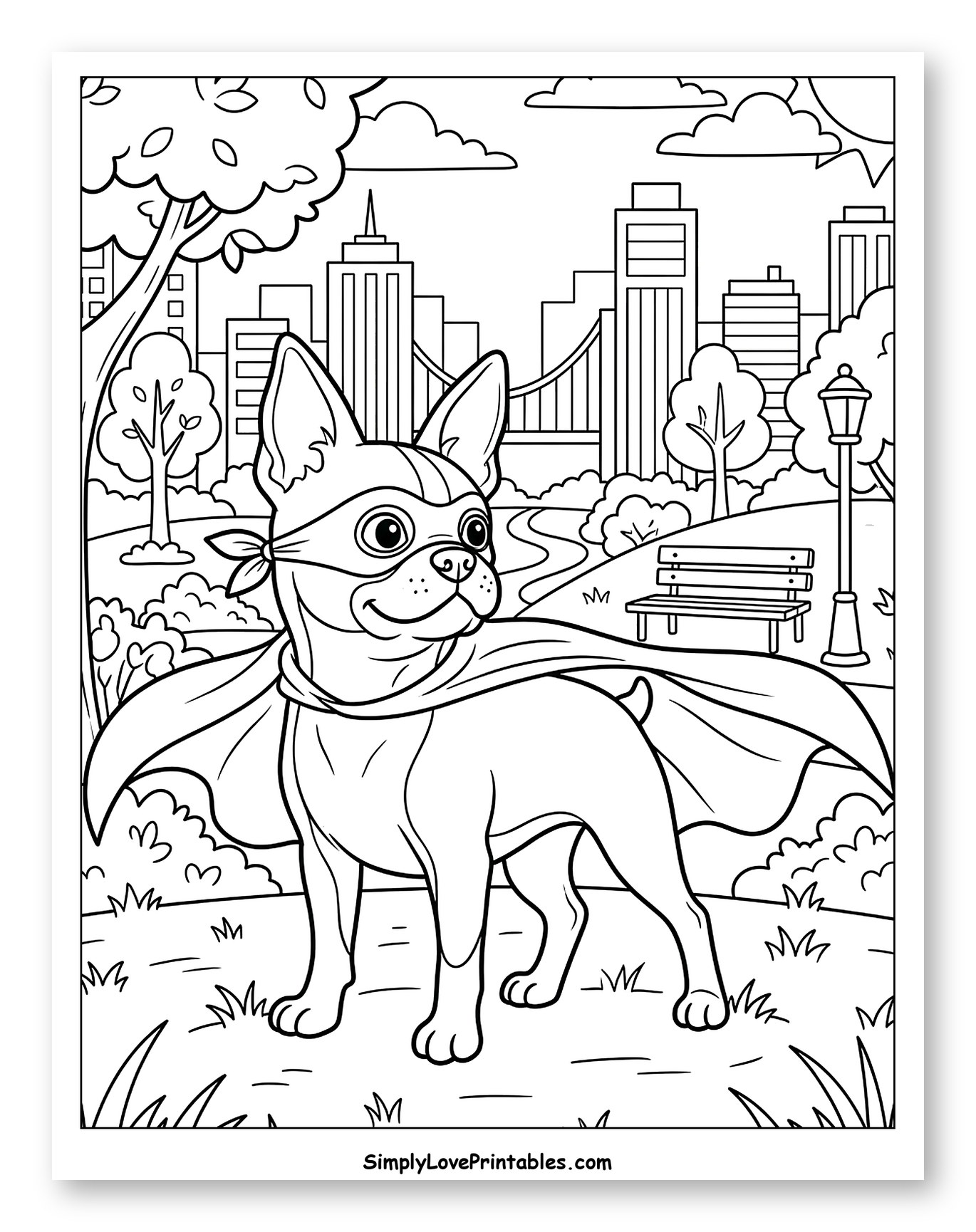 Boston Terrier Superhero in a City Park