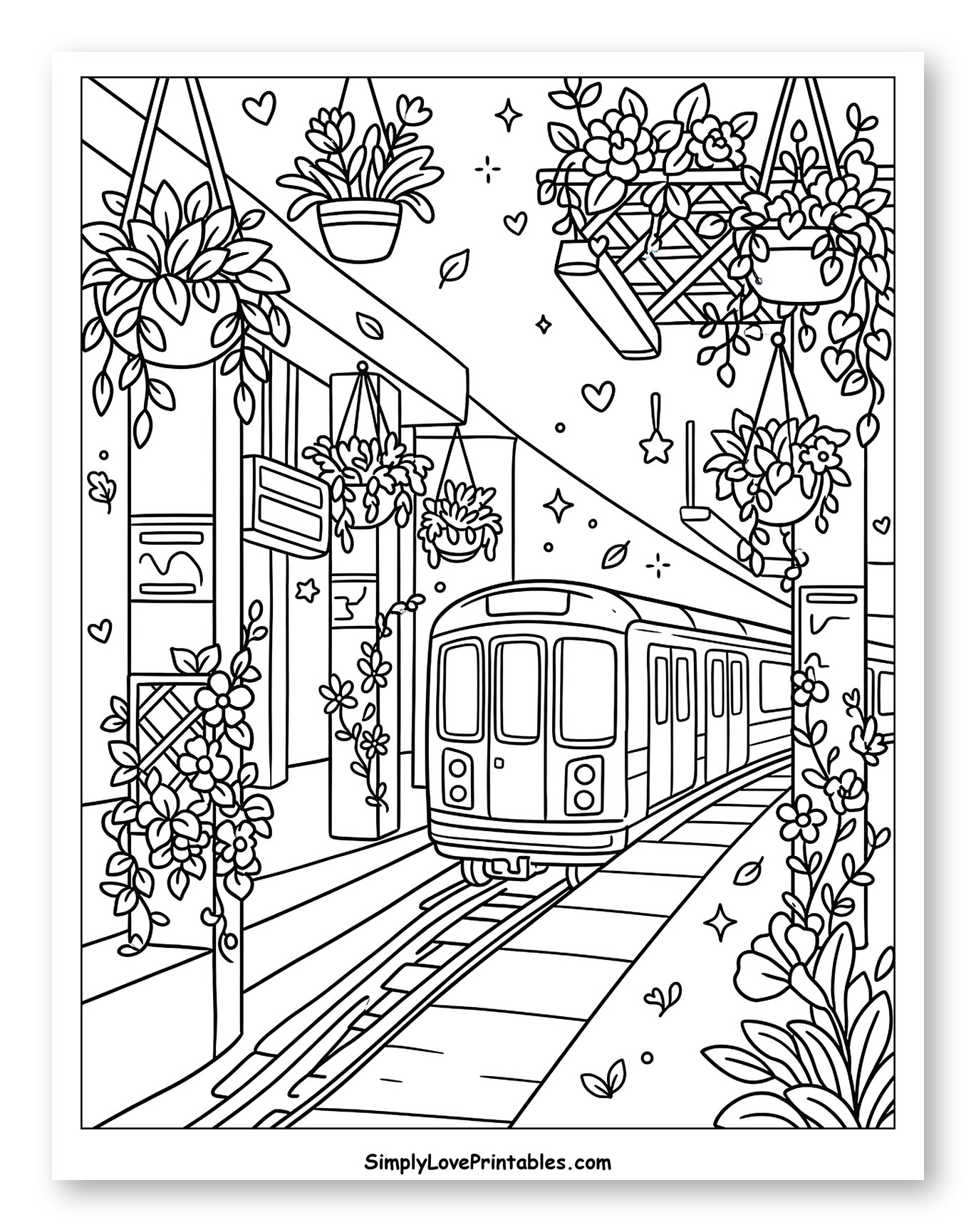 Botanical Subway Platform with Arriving Train Coloring Page for Adults