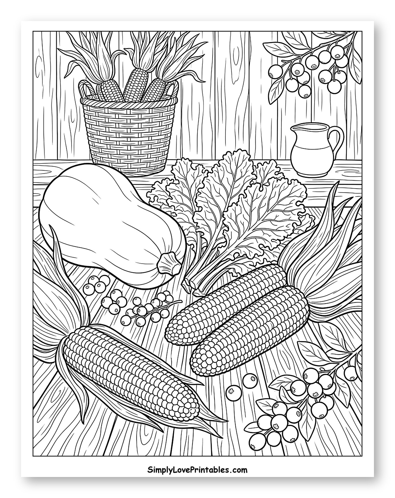 Bountiful Autumn Harvest with Corn and Berries Coloring Page