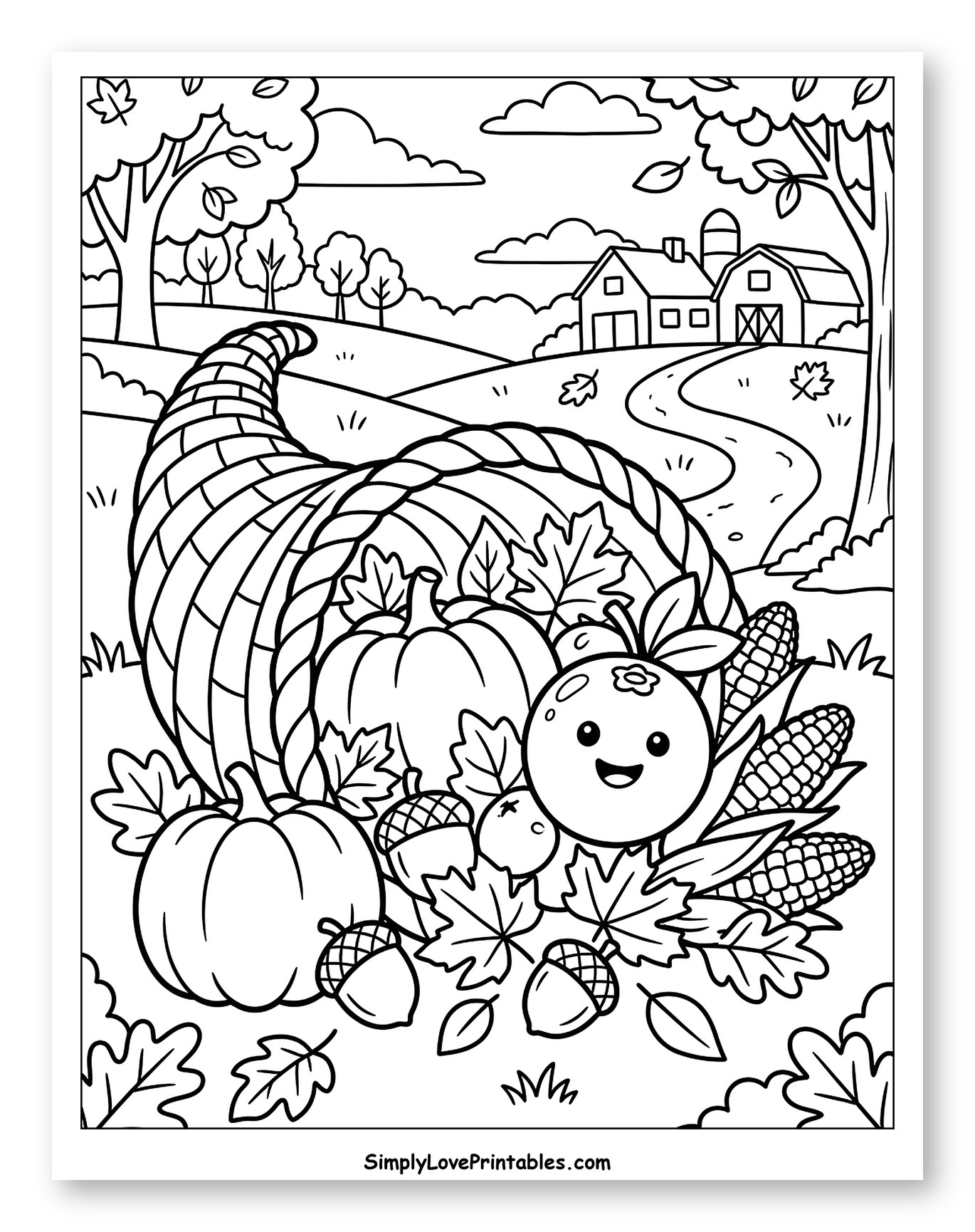 Bountiful Cornucopia and Scenic Farm Landscape Coloring Page for Toddlers