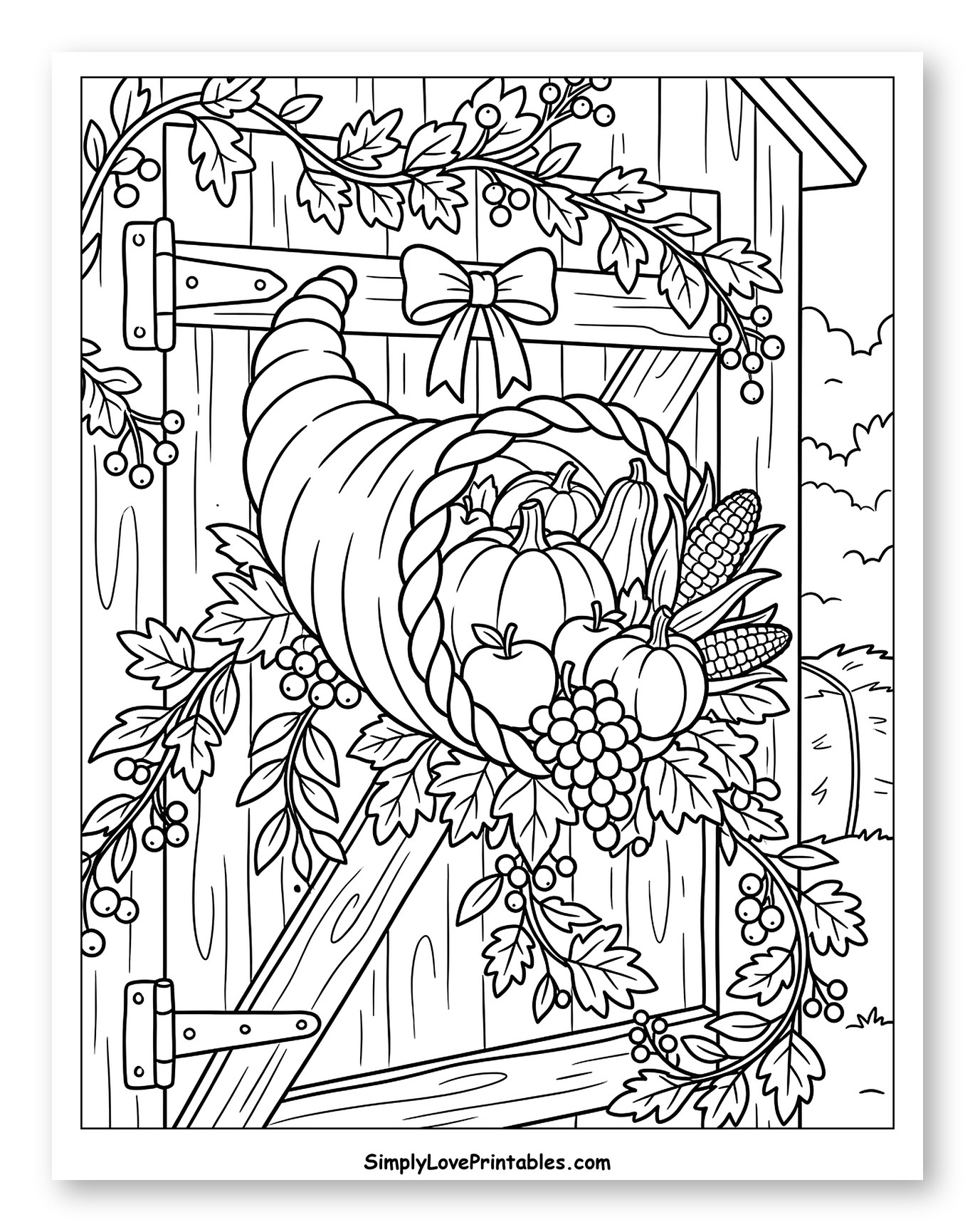 Bountiful Cornucopia on Barn with Fall Decor to Color for Kids