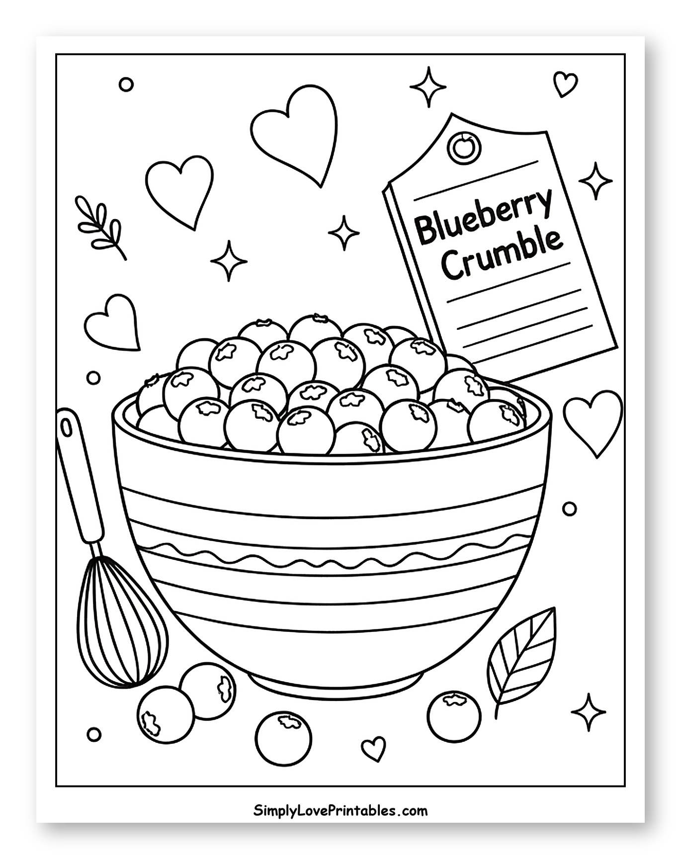 Bowl of Blueberries with Whisk and Recipe Tag
