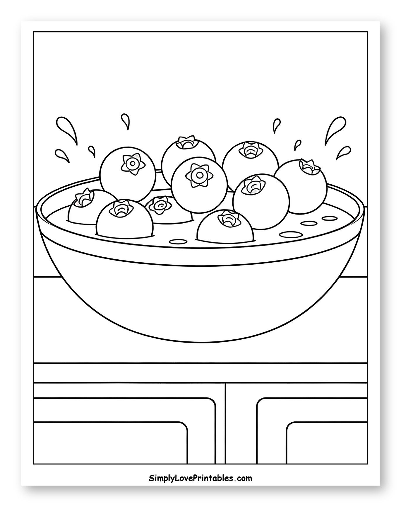Bowl of Fresh Blueberries and Splashes Coloring Page for Kids
