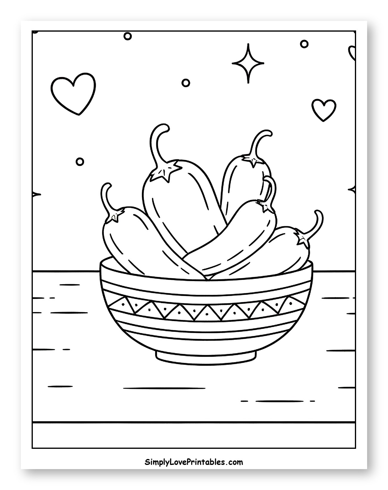 Bowl of Jalapeño Peppers with Hearts and Stars Coloring Sheet for Adults