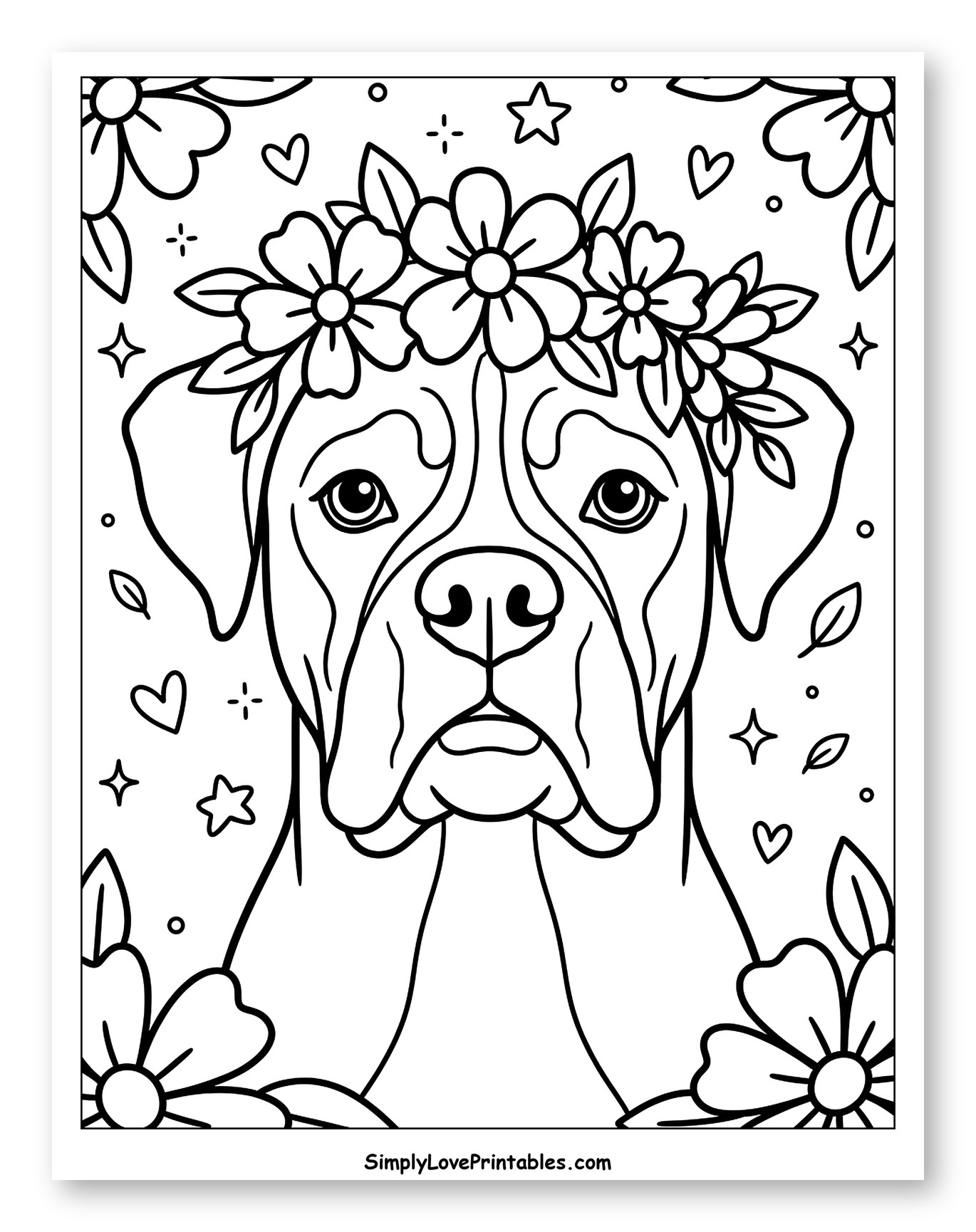 Boxer Dog Wearing a Flower Crown to Color for Adults