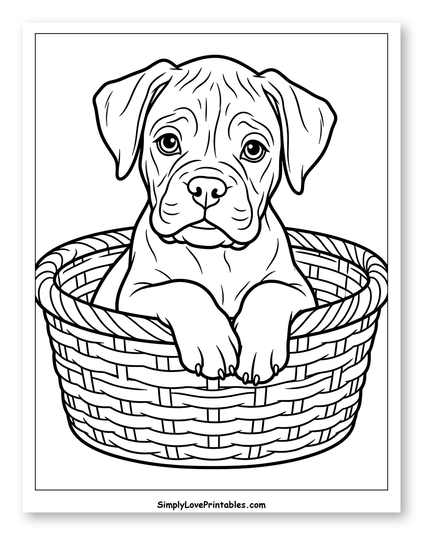 Boxer Puppy in a Woven Basket Coloring Sheet for Toddlers