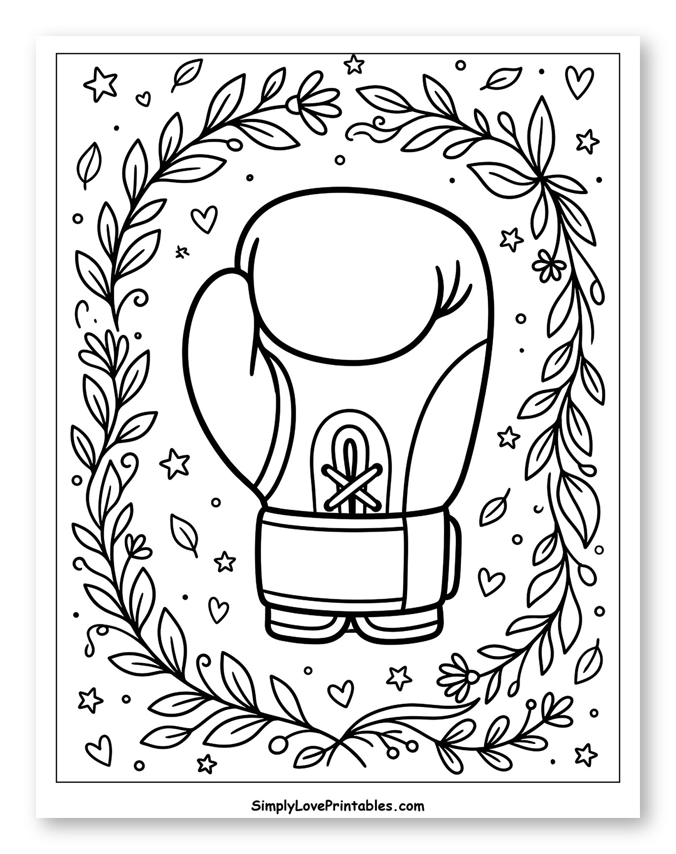 Boxing Glove Framed by Leaves and Stars to Color for Adults