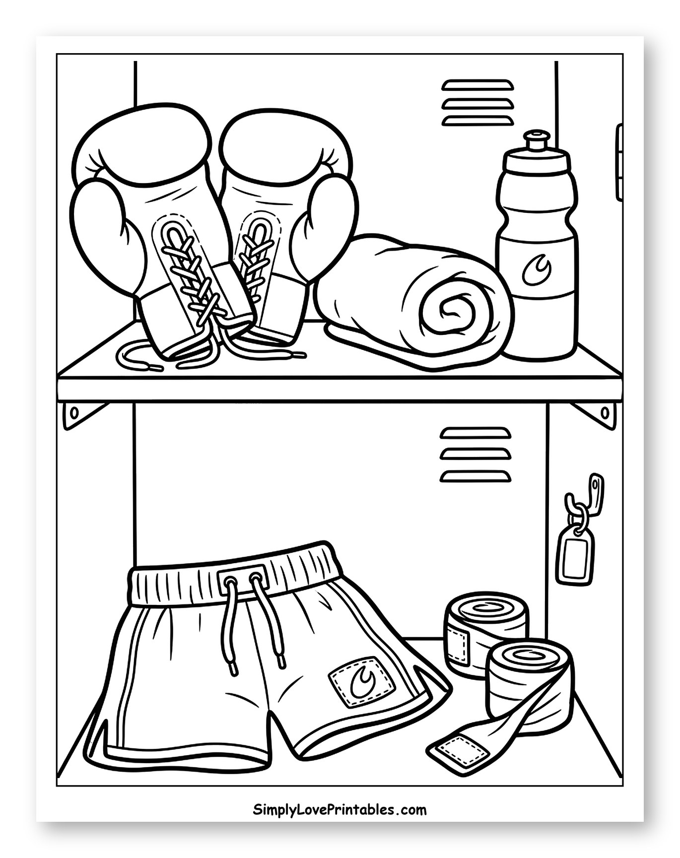 Boxing Gloves, Shorts, and Gear in a Locker to Color for Kids