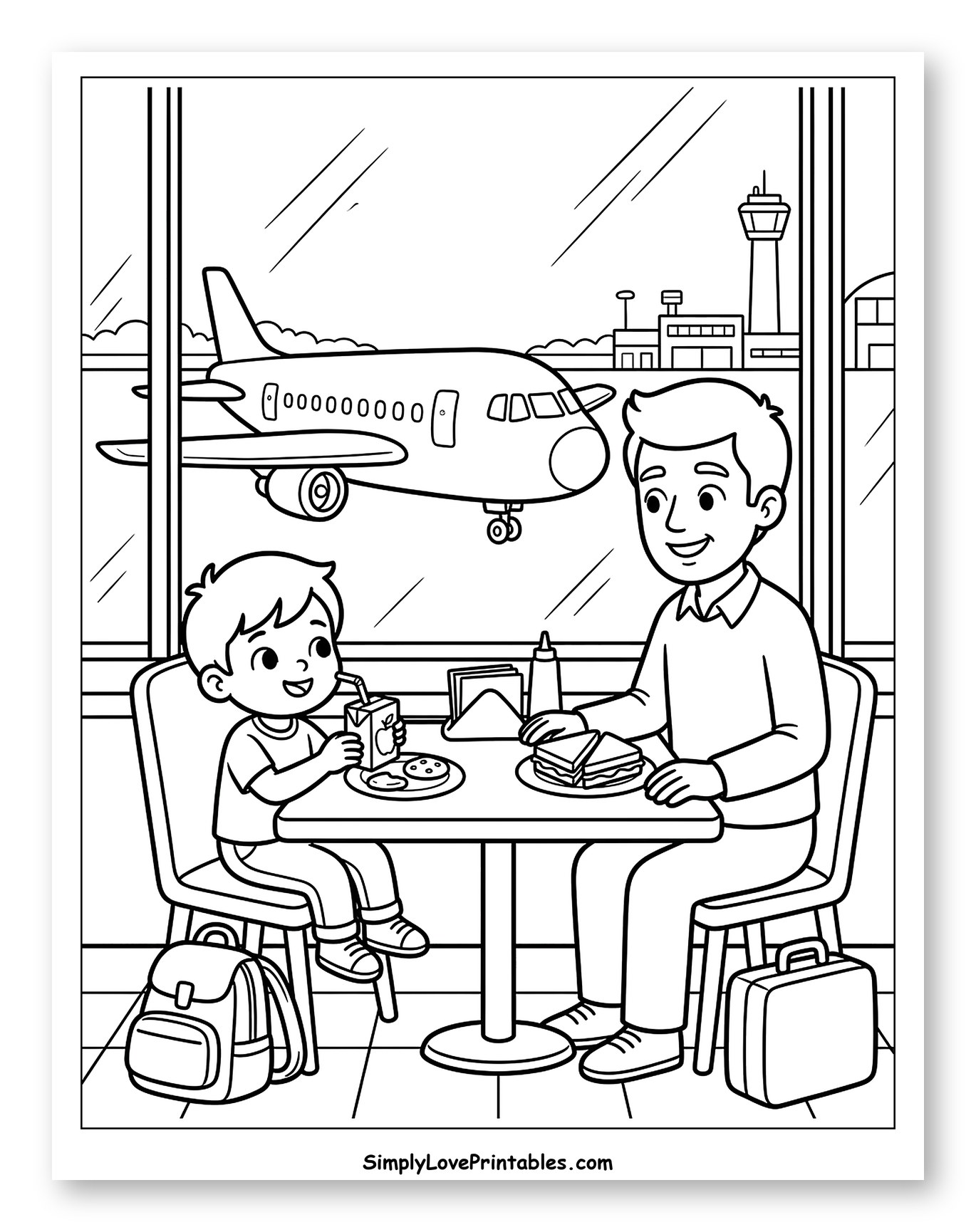 Boy and Dad Eating by Airplane Window to Color for Kids