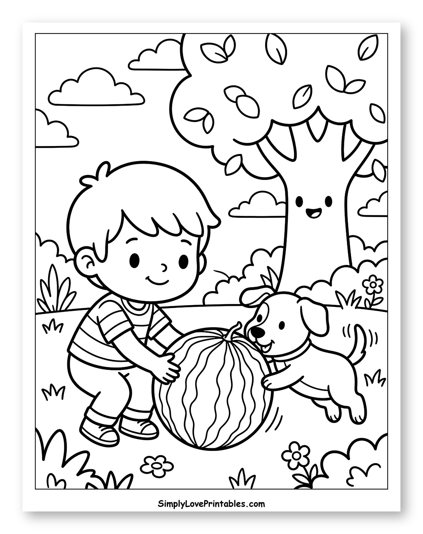 Boy and Dog Playing with a Watermelon