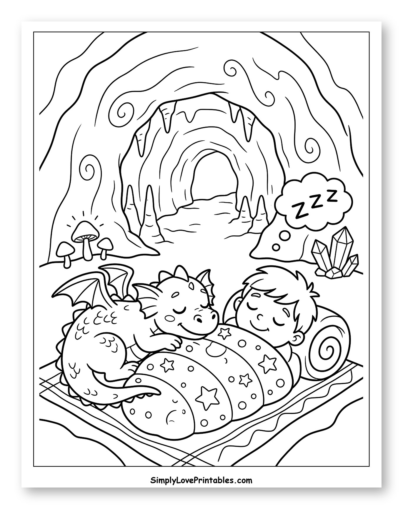 Boy and Dragon Sleeping in a Cozy Cave to Color for Kids