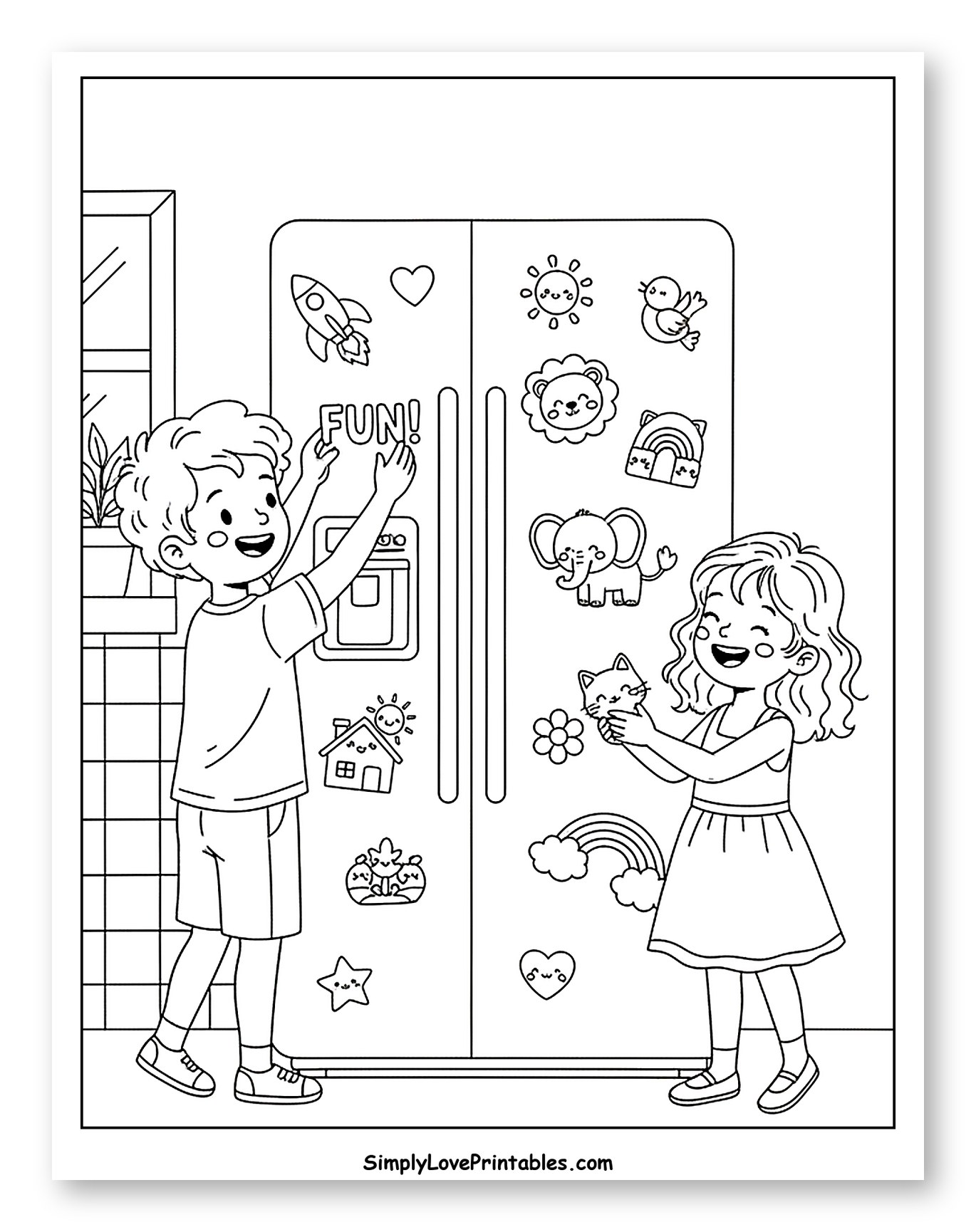 Boy and Girl Decorating Fridge with Magnets Coloring Sheet for Kids