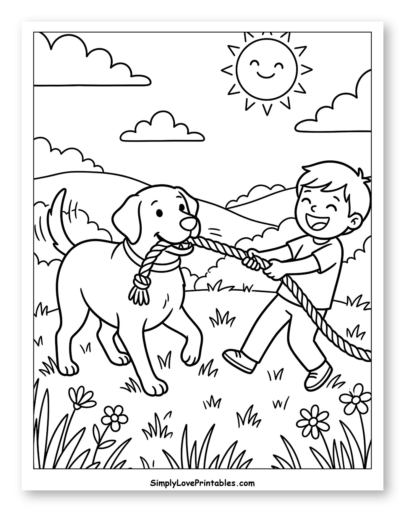 Boy and Labrador Playing Tug-of-War Outdoors Coloring Sheet for Kids