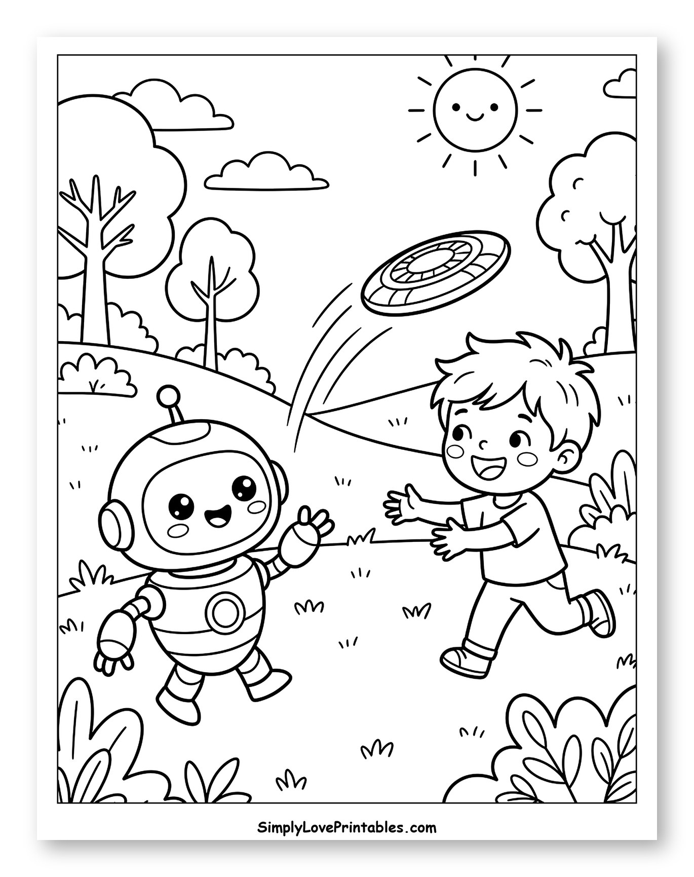 Boy and Robot Playing Frisbee in Park