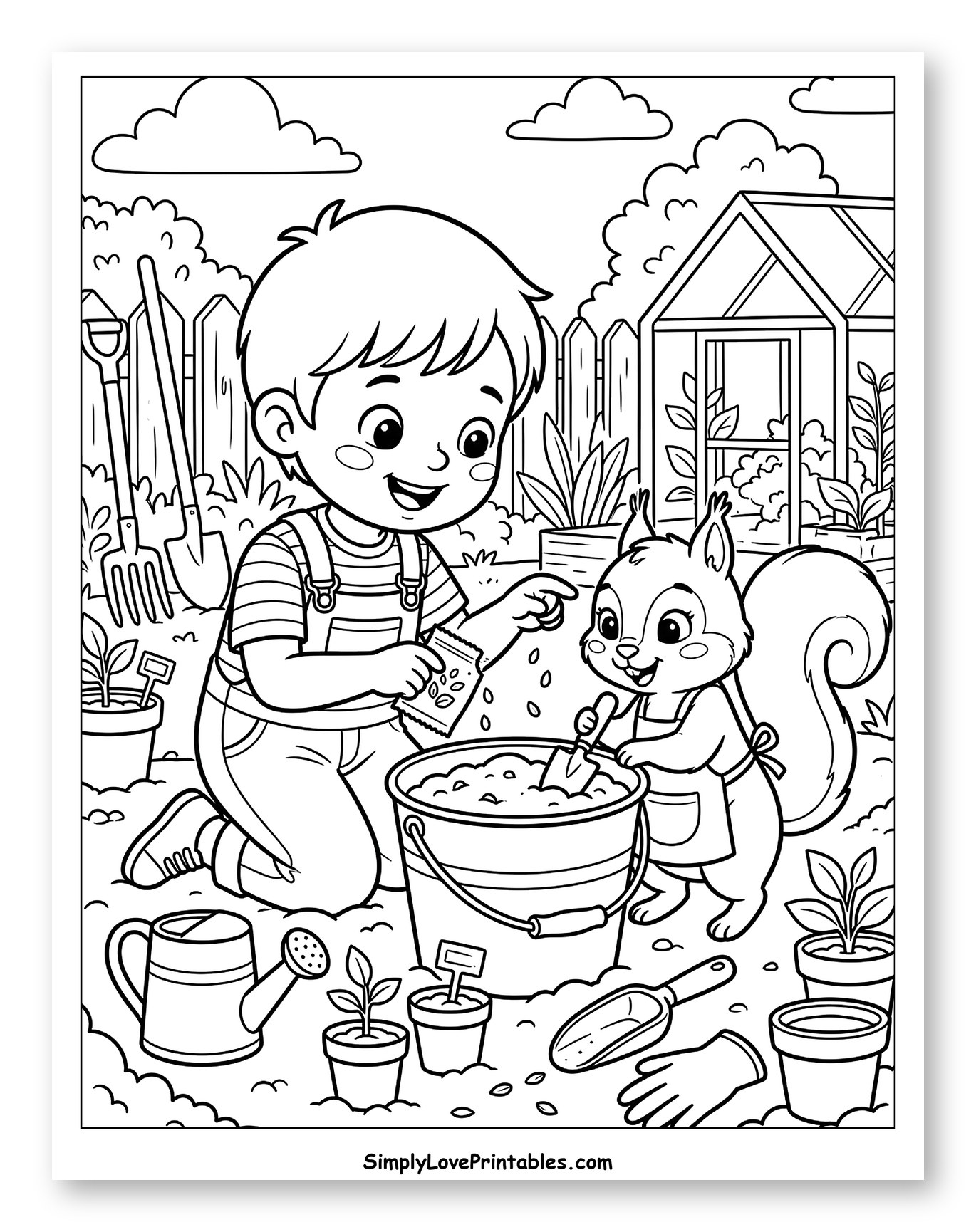 Boy and Squirrel Gardening with a Bucket Coloring Sheet for Kids