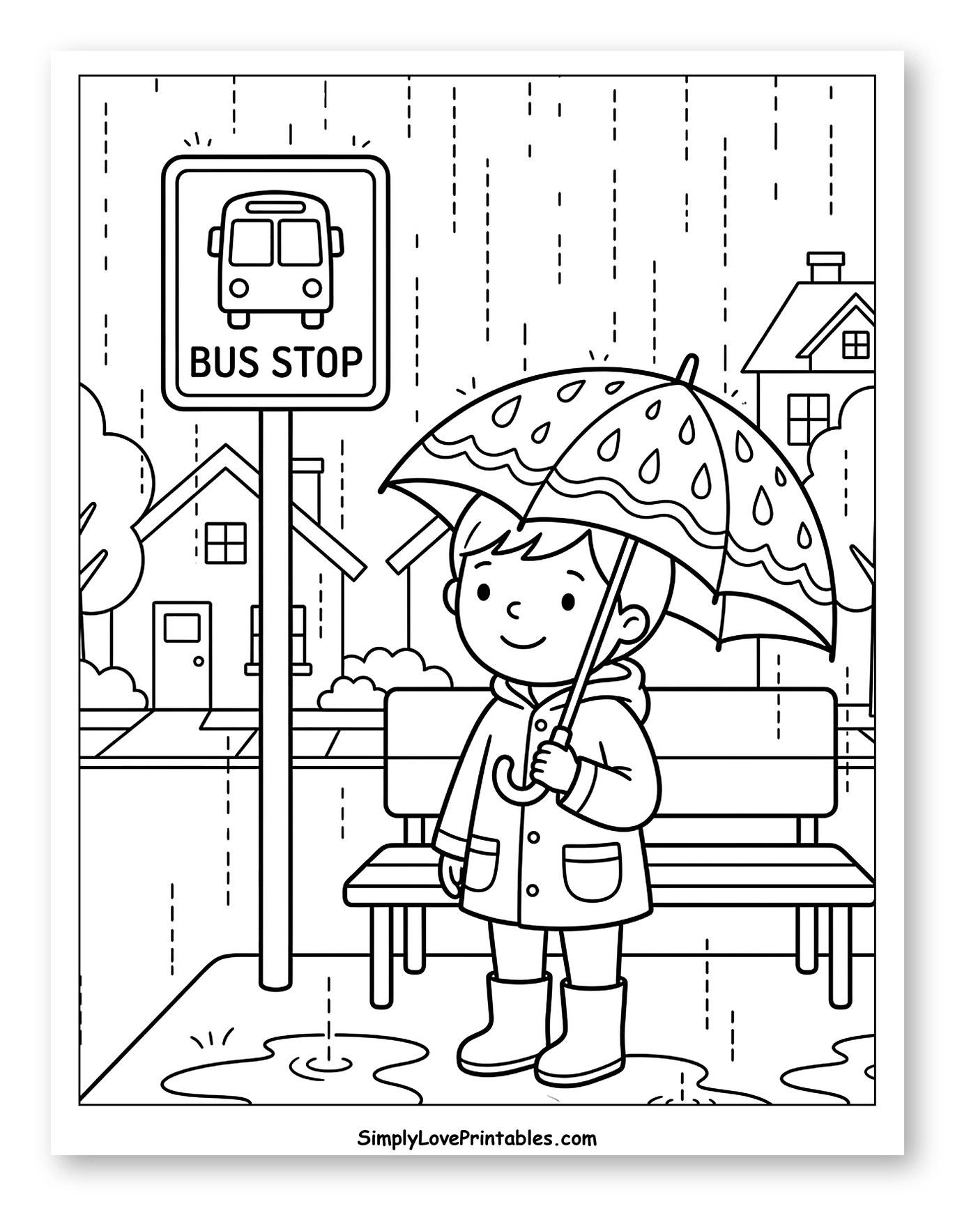 Boy at Bus Stop with Umbrella in Rain