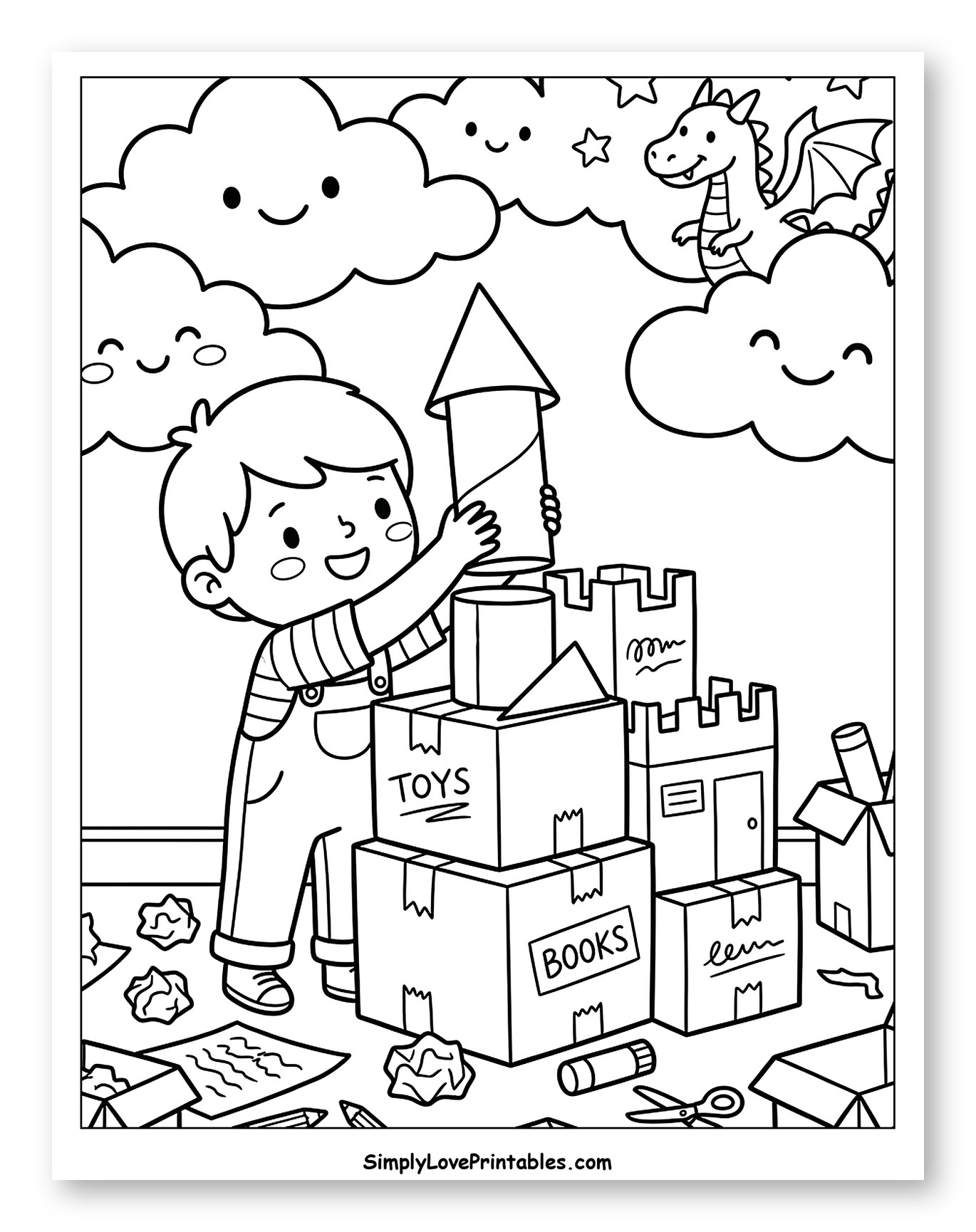Boy Building Box Rocket and Castle to Color for Kids