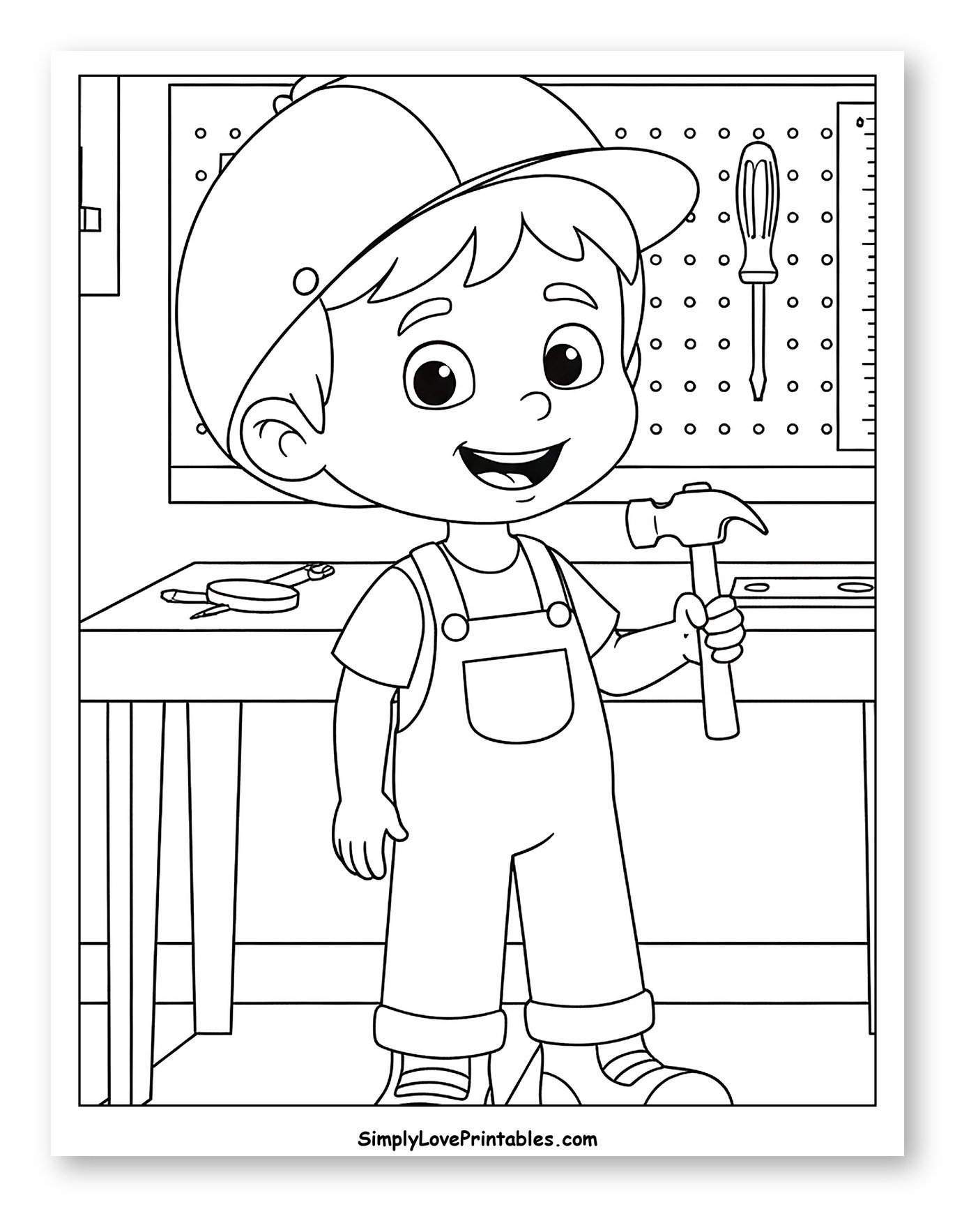 Boy Carpenter Holding a Hammer Coloring Page for Kids