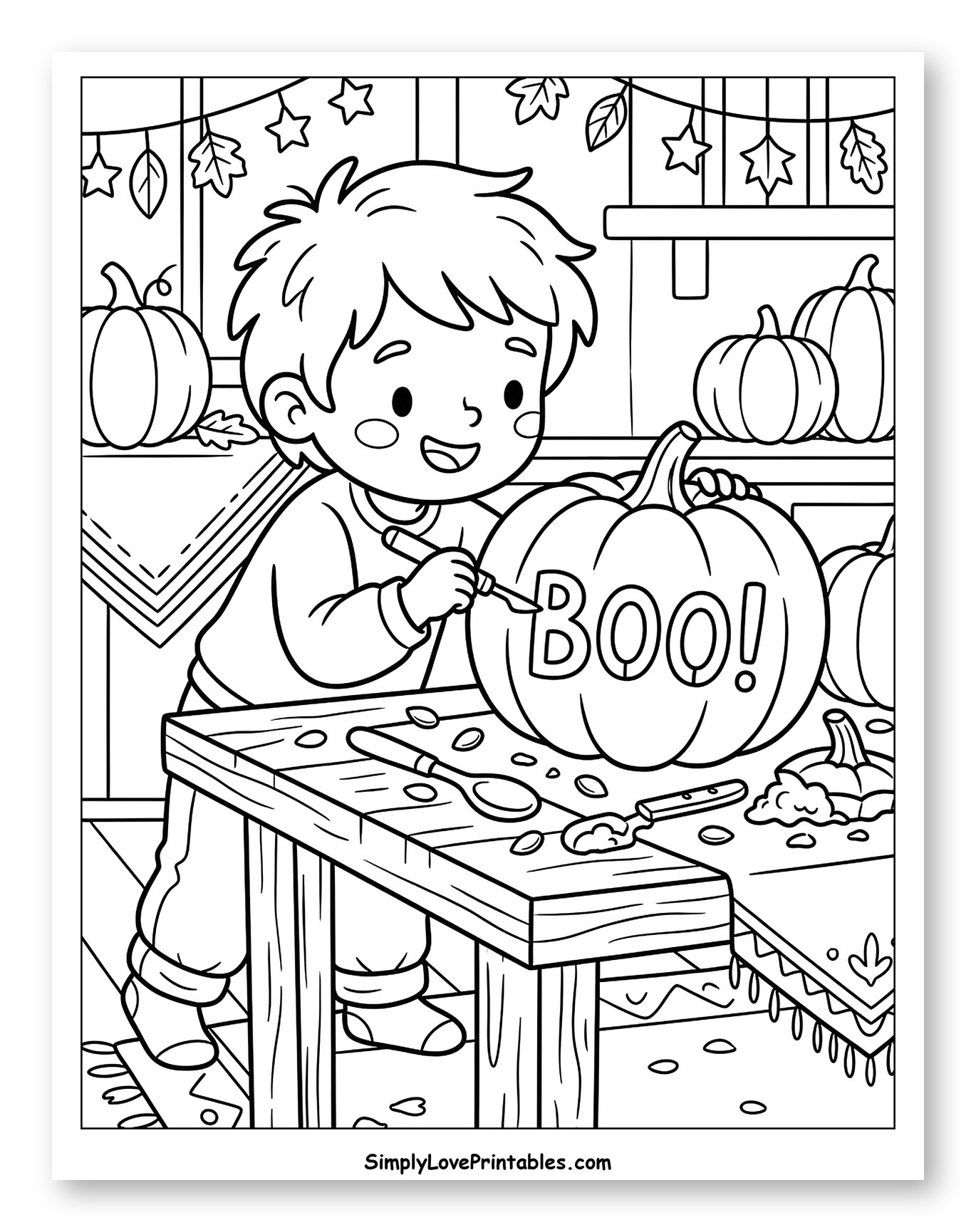Boy Carving "BOO!" into a Pumpkin