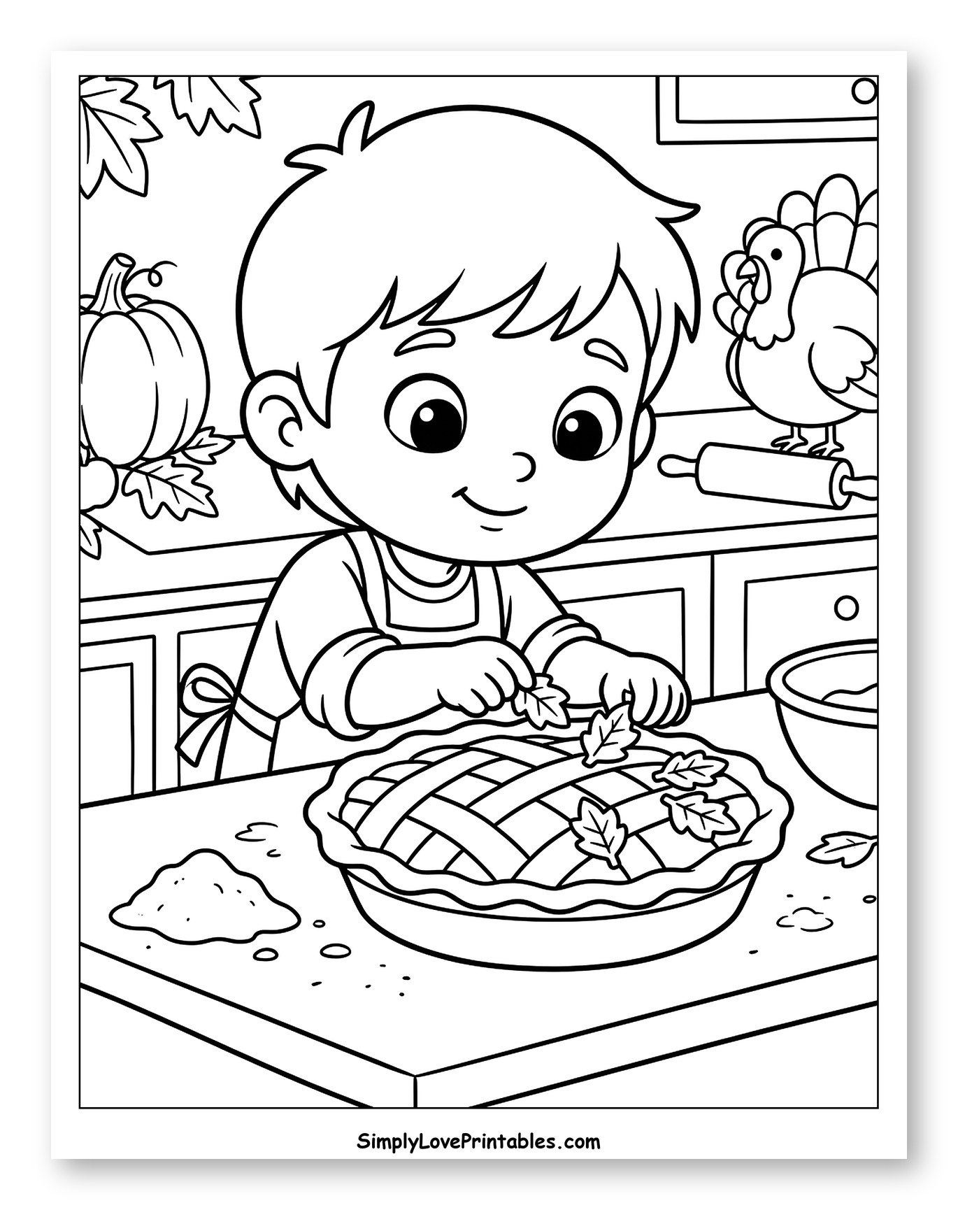 Boy Decorating Thanksgiving Pie with Autumn Leaves Coloring Sheet for Kids