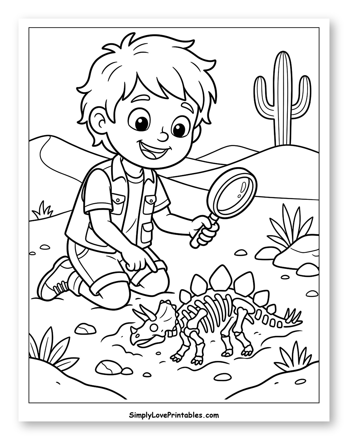 Boy Discovering Dinosaur Fossils in Desert
