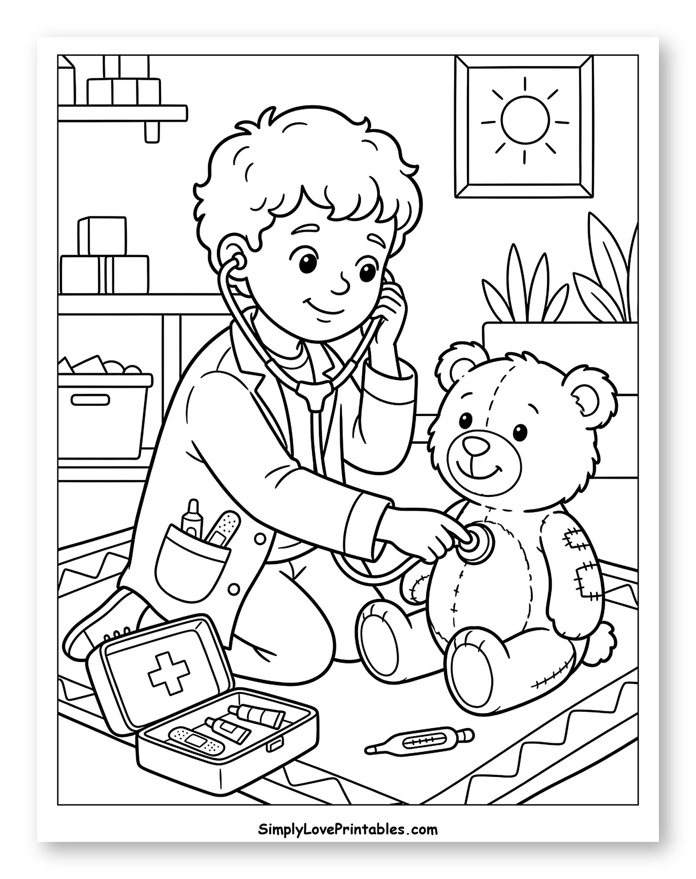Boy Doctor Checking Teddy Bear with Stethoscope