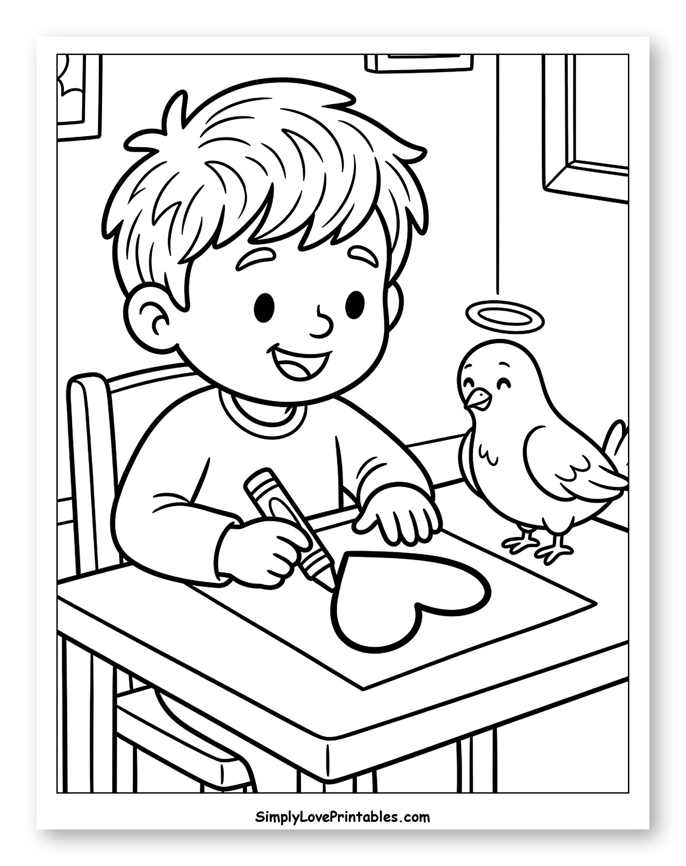 Boy Drawing Heart with Angel Bird Coloring Sheet for Kids