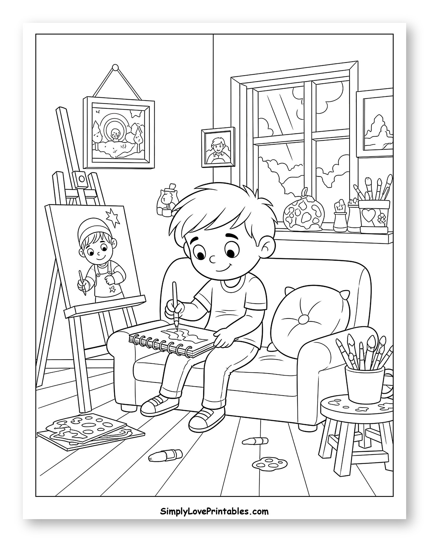Boy Drawing on Sofa Coloring Sheet for Kids