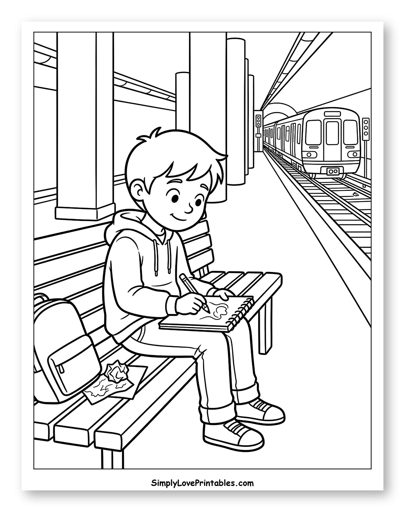 Boy Drawing on Subway Platform with Train to Color for Kids