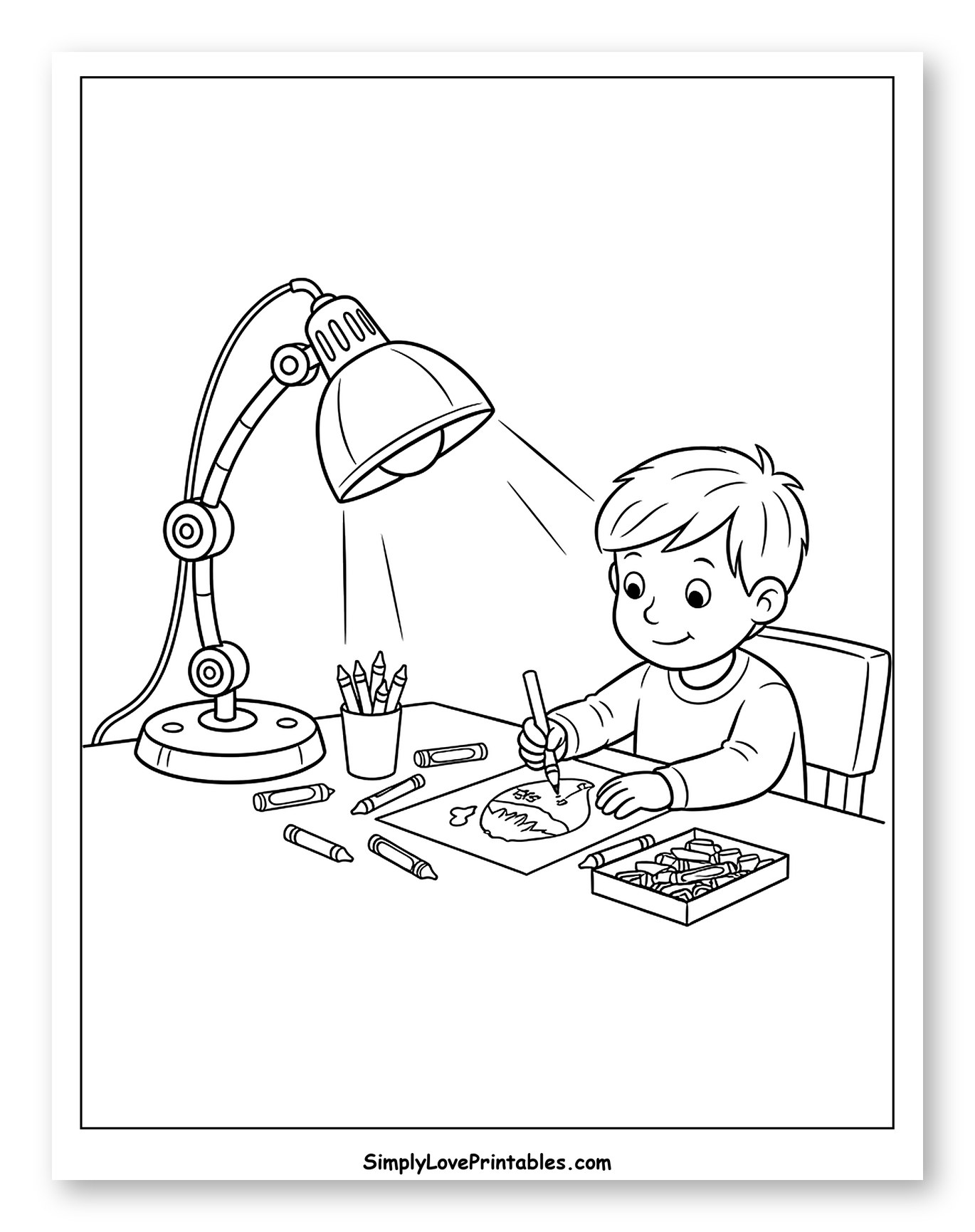 Boy Drawing with Desk Lamp