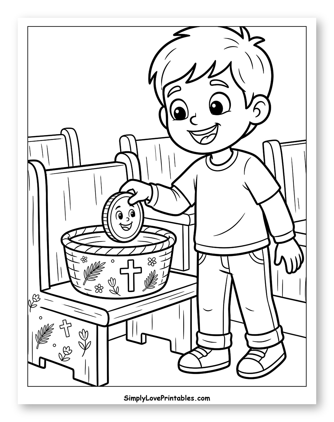Boy Dropping Coin into Offering Basket Coloring Sheet for Kids