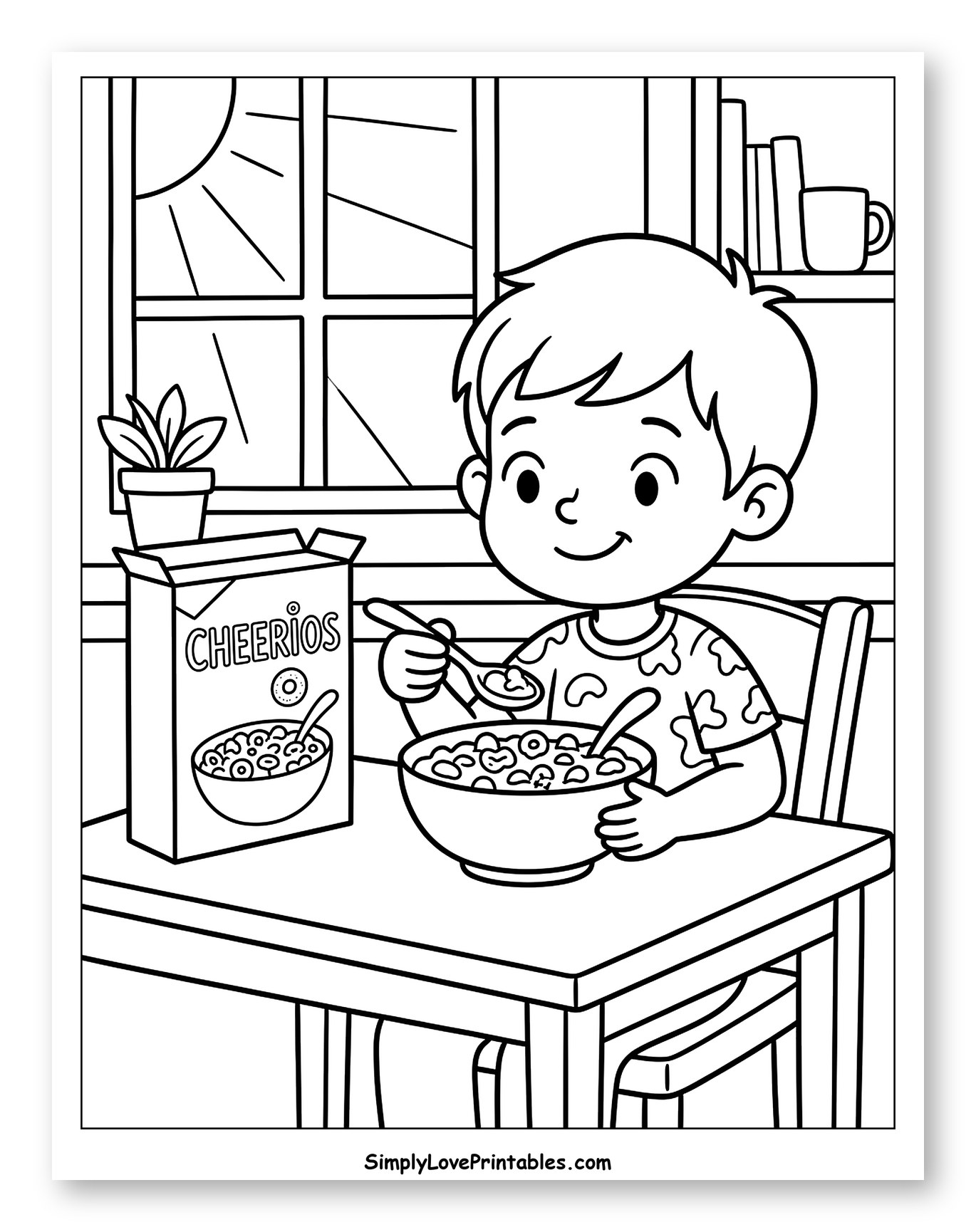 Boy Eating Cereal for Breakfast Coloring Sheet for Kids