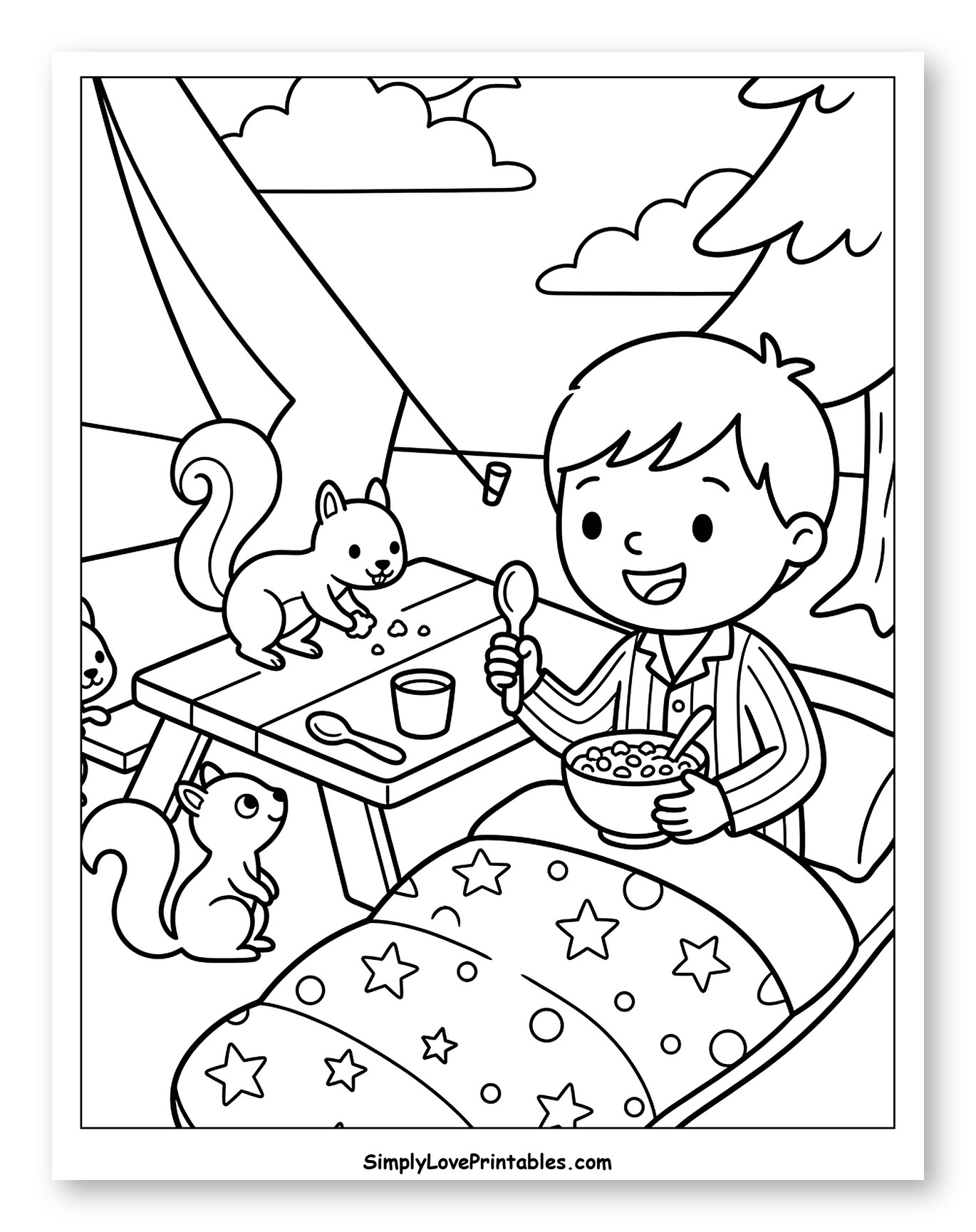 Boy Eating Cereal in Sleeping Bag Camping Coloring Page for Kids