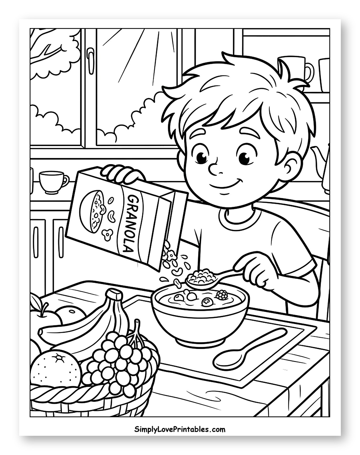 Boy Eating Granola and Yogurt for Breakfast Coloring Sheet for Kids