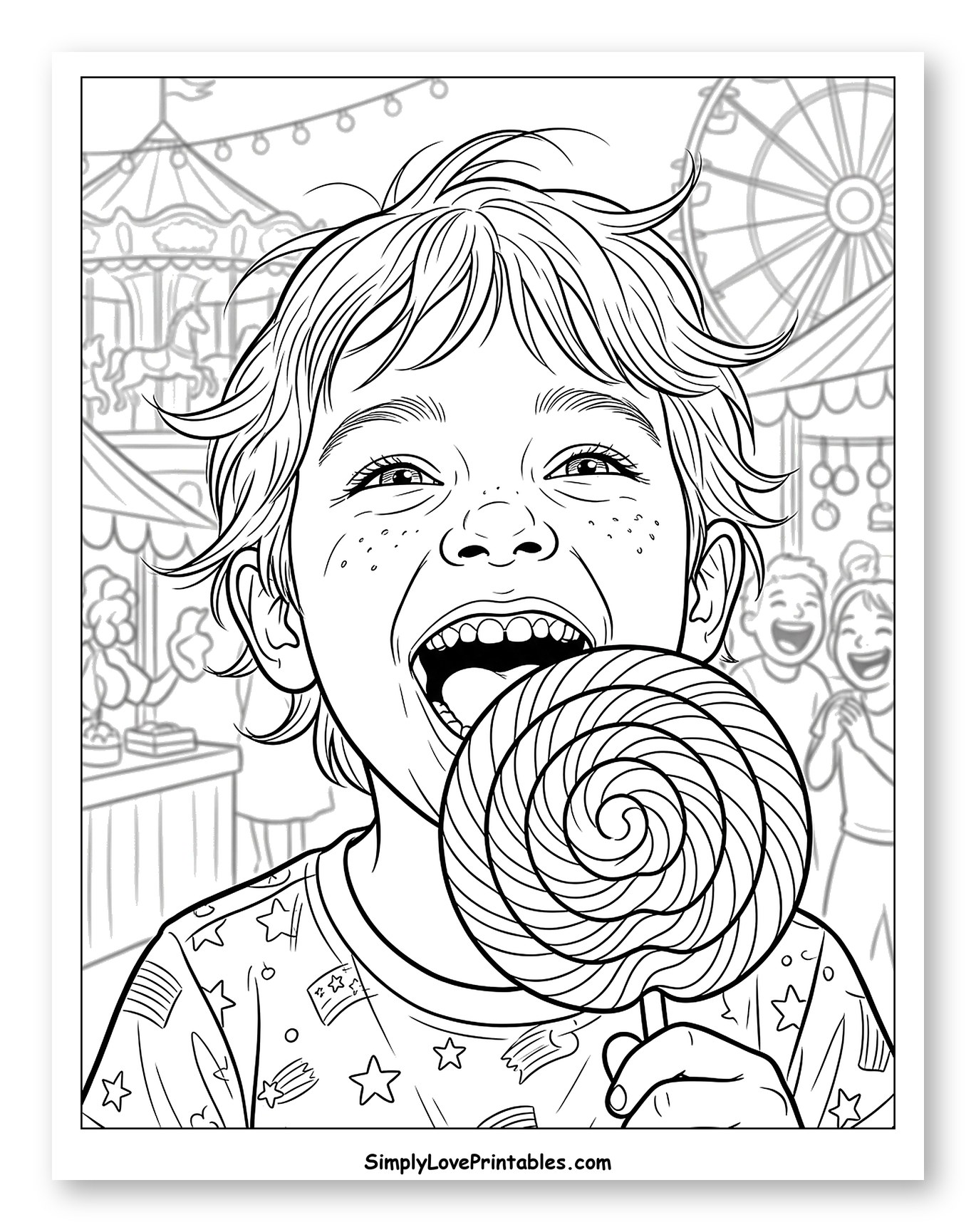 Boy Enjoying Lollipop at Amusement Park Coloring Page