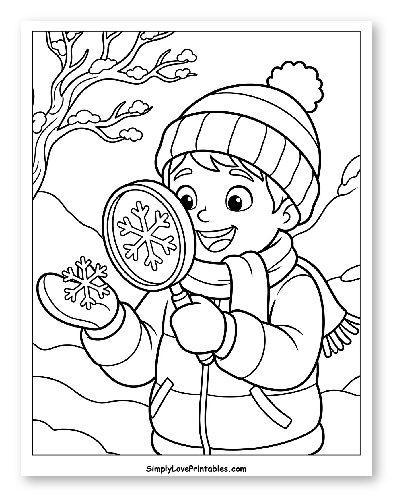 Boy Examining a Snowflake with Magnifying Glass
