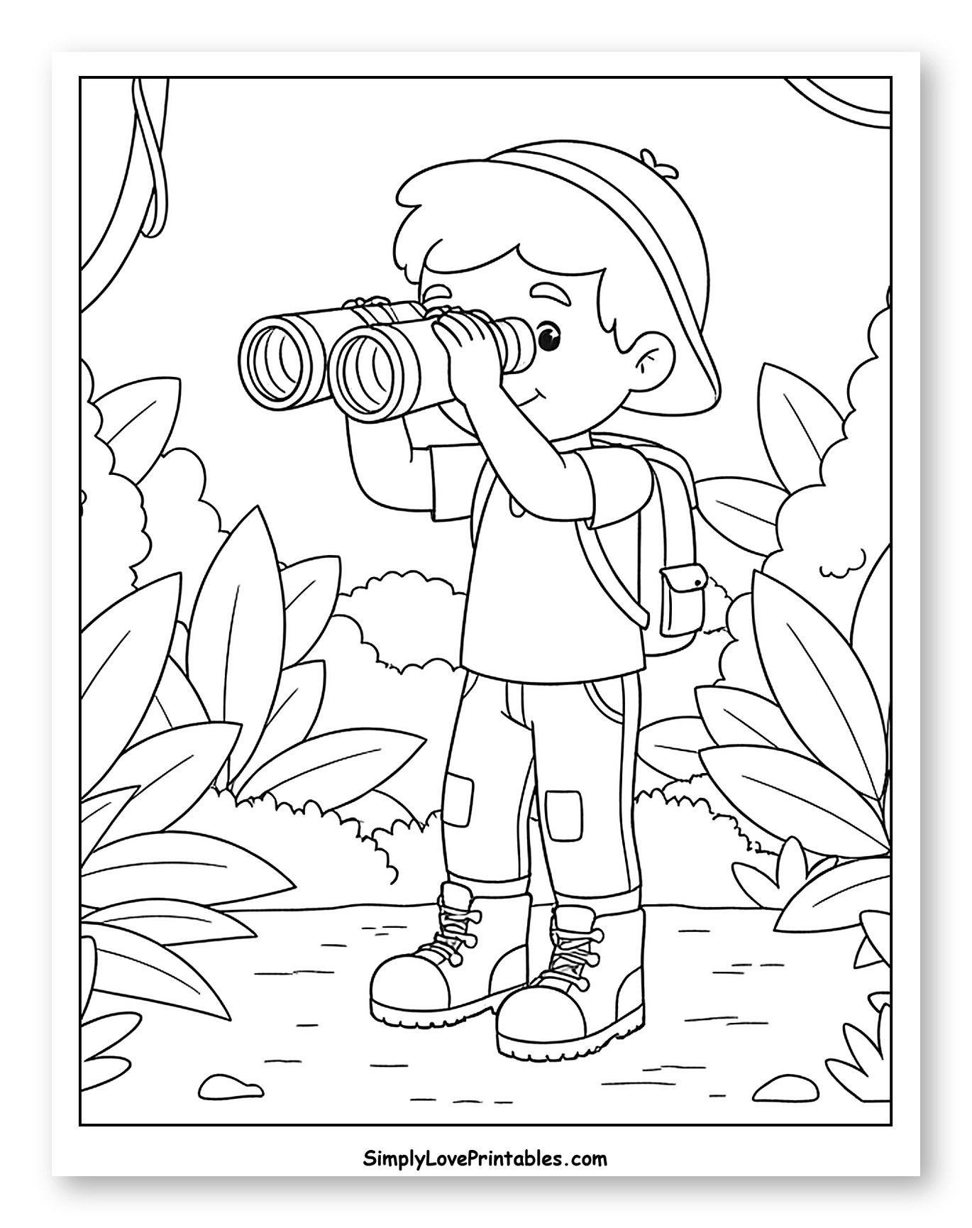 Boy Exploring Jungle with Binoculars to Color for Kids