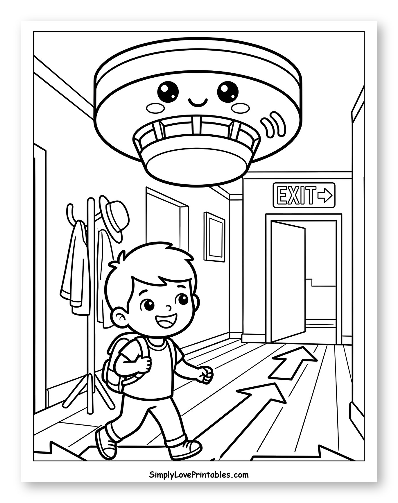Boy Following Exit Arrows with Friendly Smoke Detector