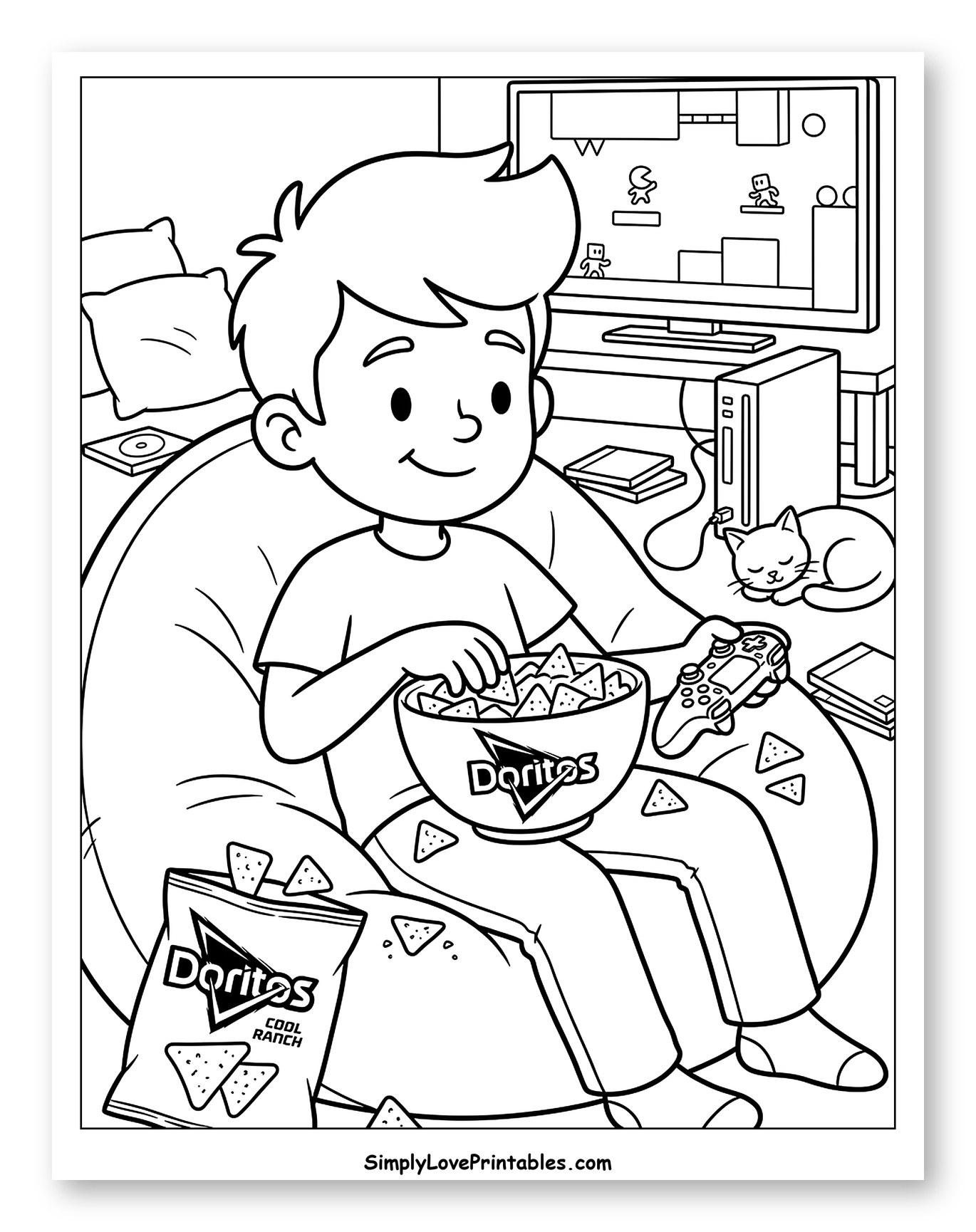 Boy Gaming and Eating Doritos Coloring Page for Kids