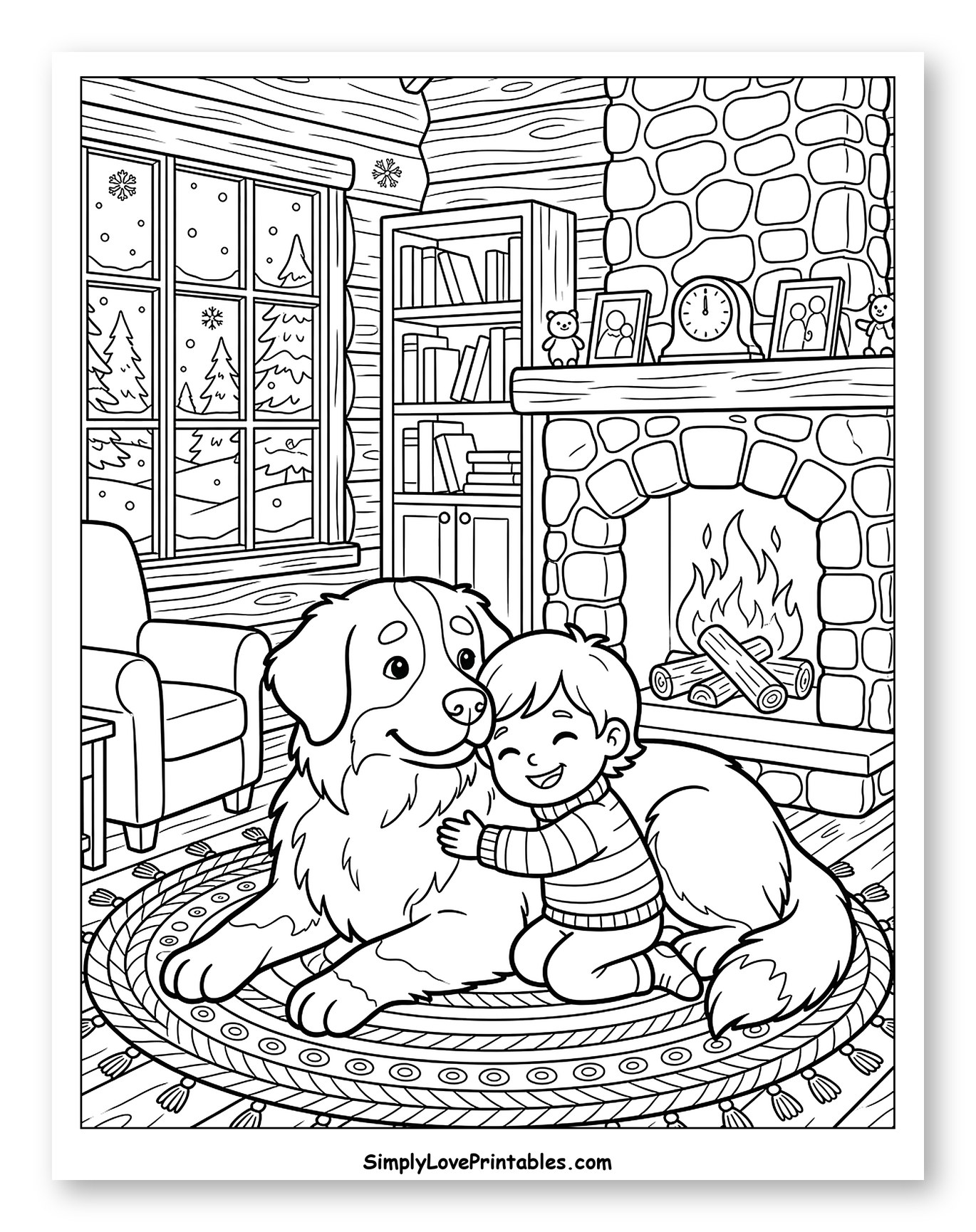 Boy Hugging Bernese Mountain Dog by Fireplace