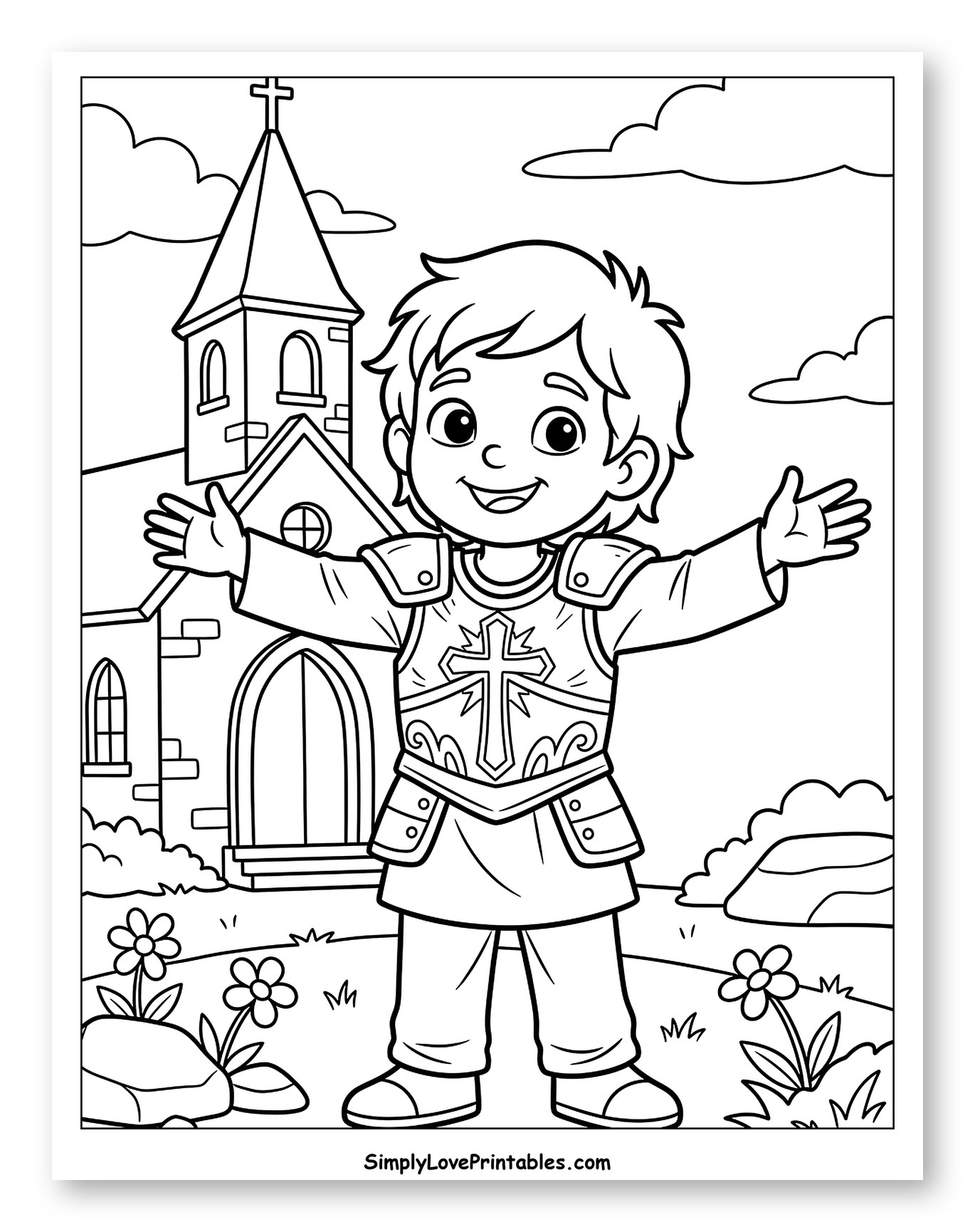 Boy in Armor Standing Before a Church Coloring Sheet for Kids