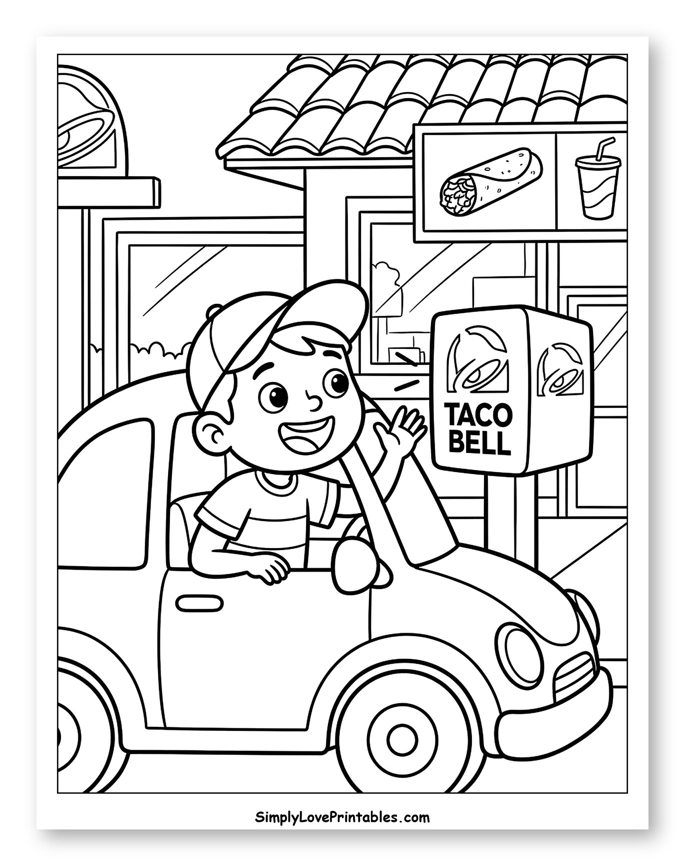 Boy in Car at Taco Bell Drive-Thru to Color for Kids